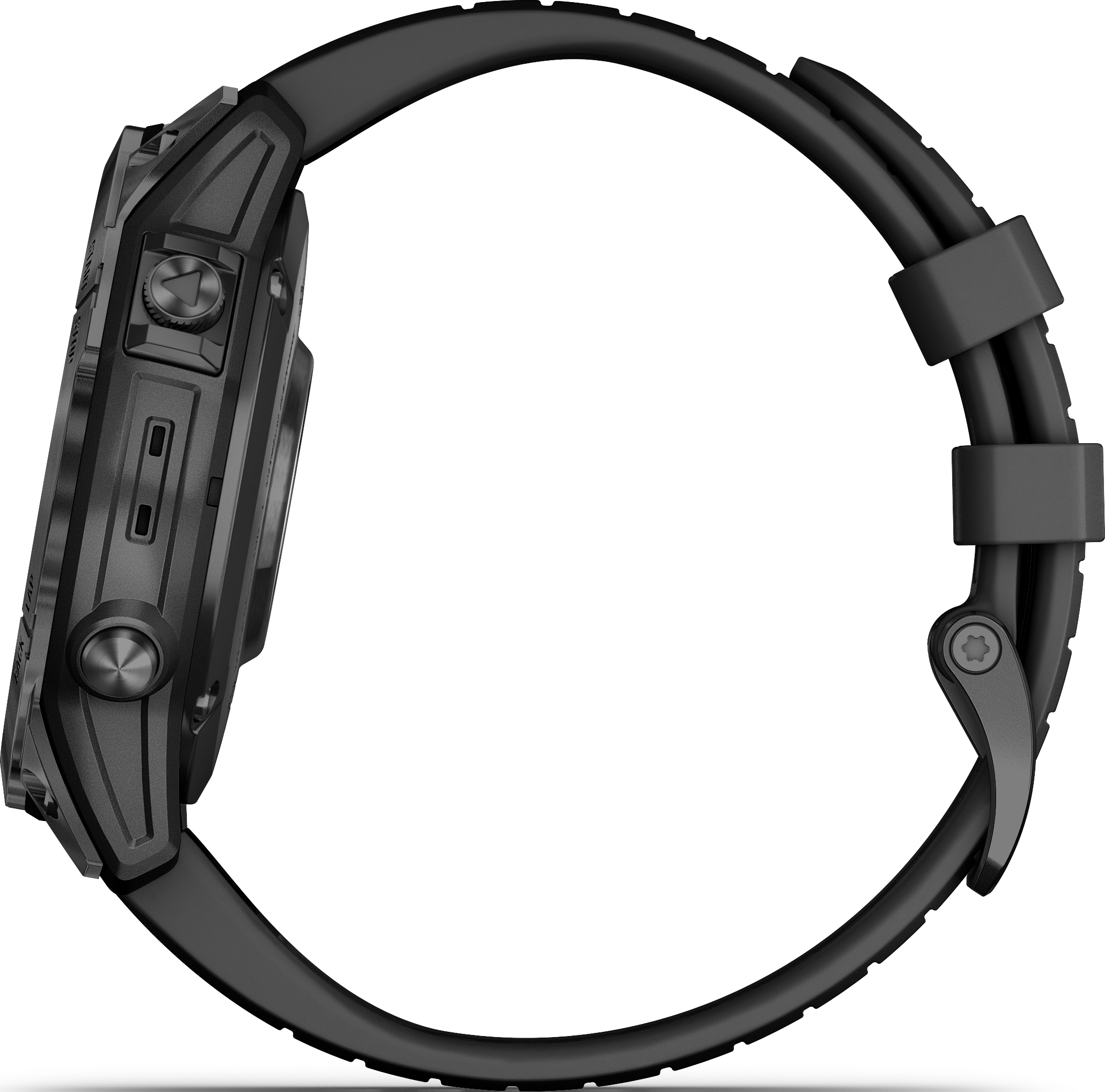 Smartwatch noire, vue latérale, montrant le cadran et le bracelet.