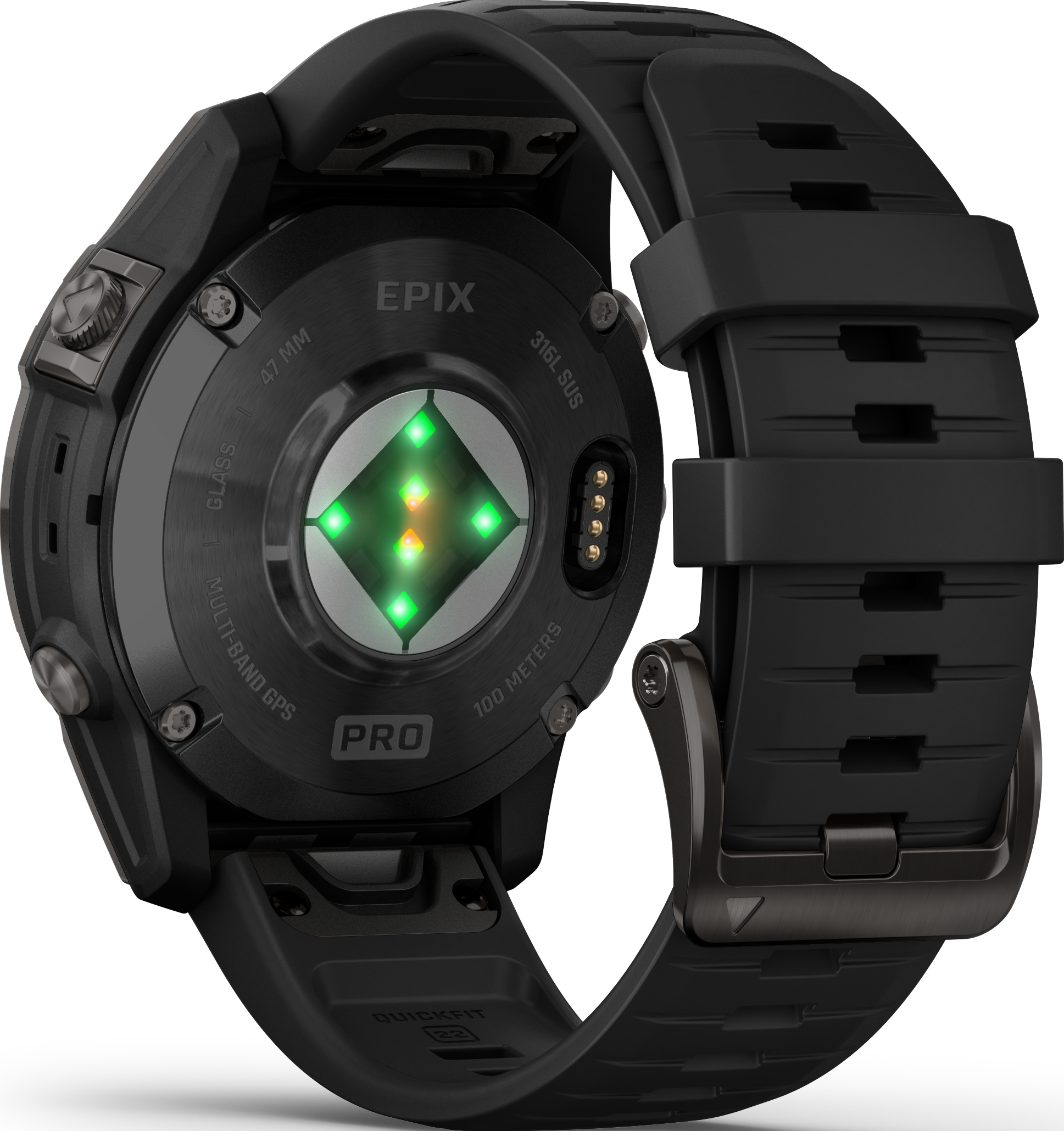 Montre connectée Garmin Epix Pro noire. Le dos montre le capteur, le bracelet est attaché.