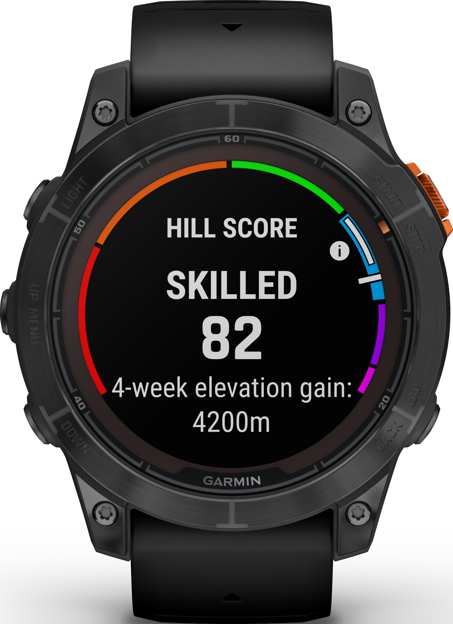 Smartwatch mit Hill-Score-Daten. Schwarzes Gehäuse, farbiger Ring und Garmin-Logo.