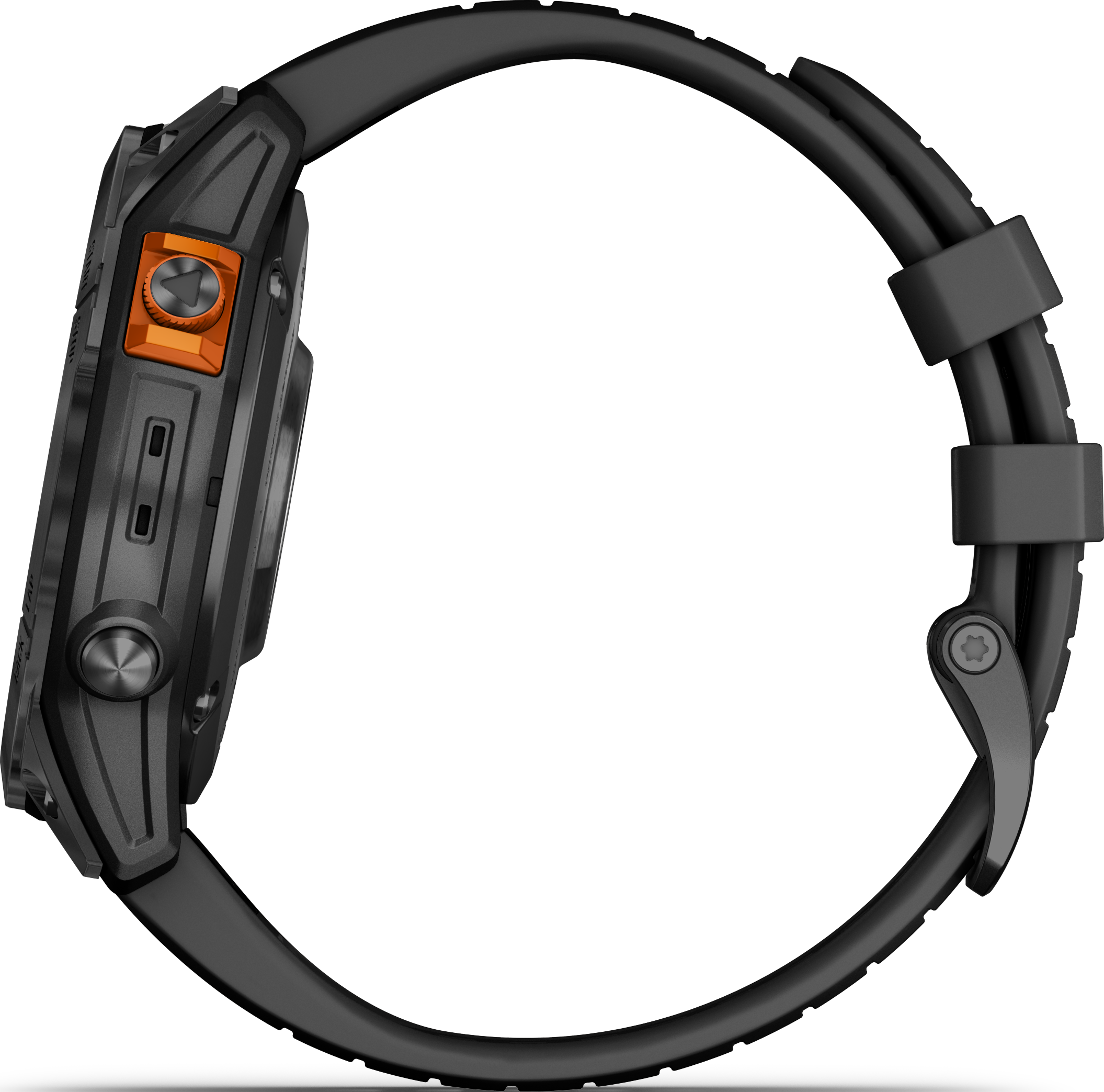 Schwarze Garmin Smartwatch. Seitenansicht, mit orangefarbener Taste. Schwarzes Armband. Rechte Seite.