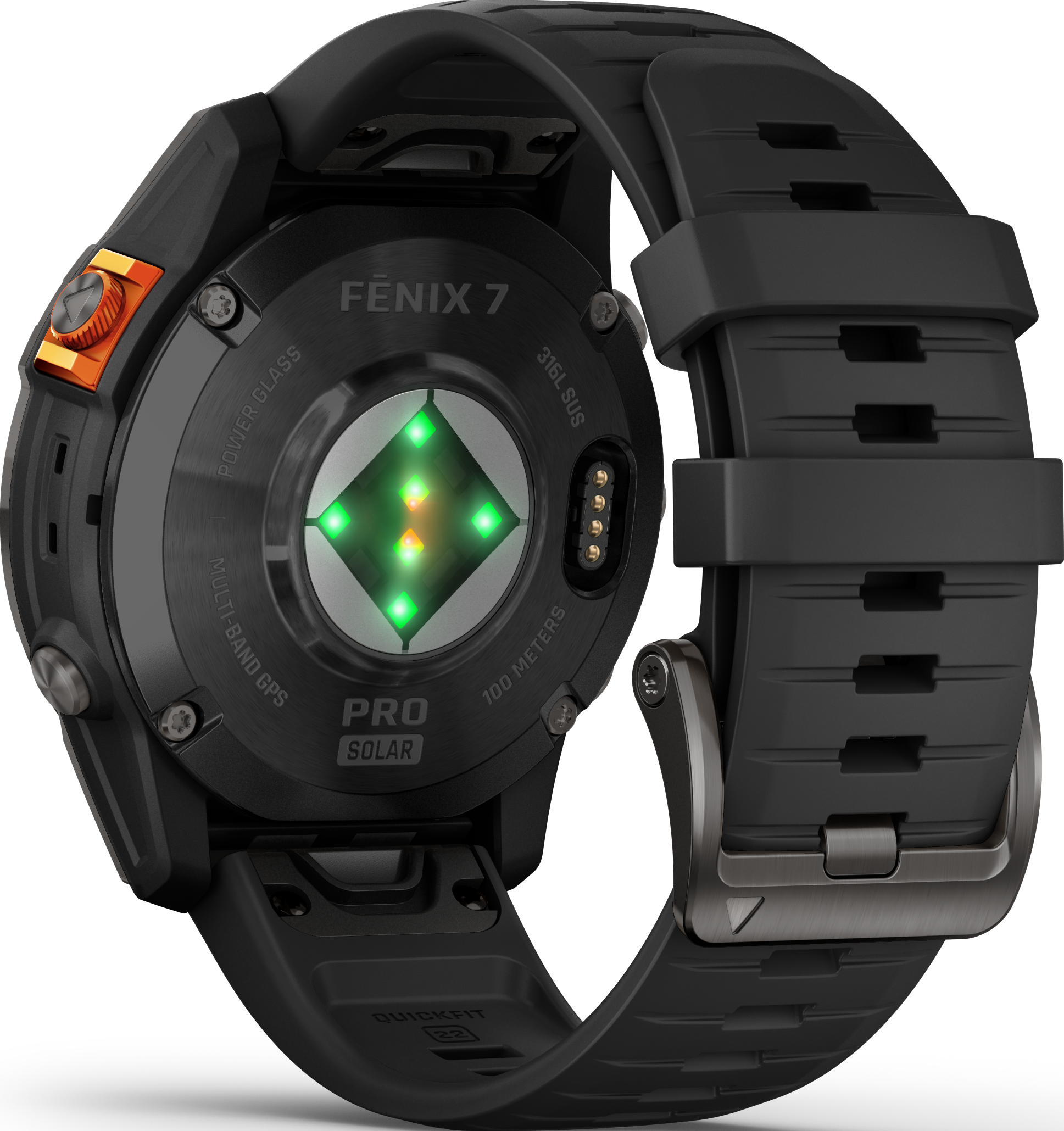 Schwarze Smartwatch-Rückansicht. Zeigt Herzfrequenzsensor und Ladepunkte. Das Band ist ebenfalls schwarz.