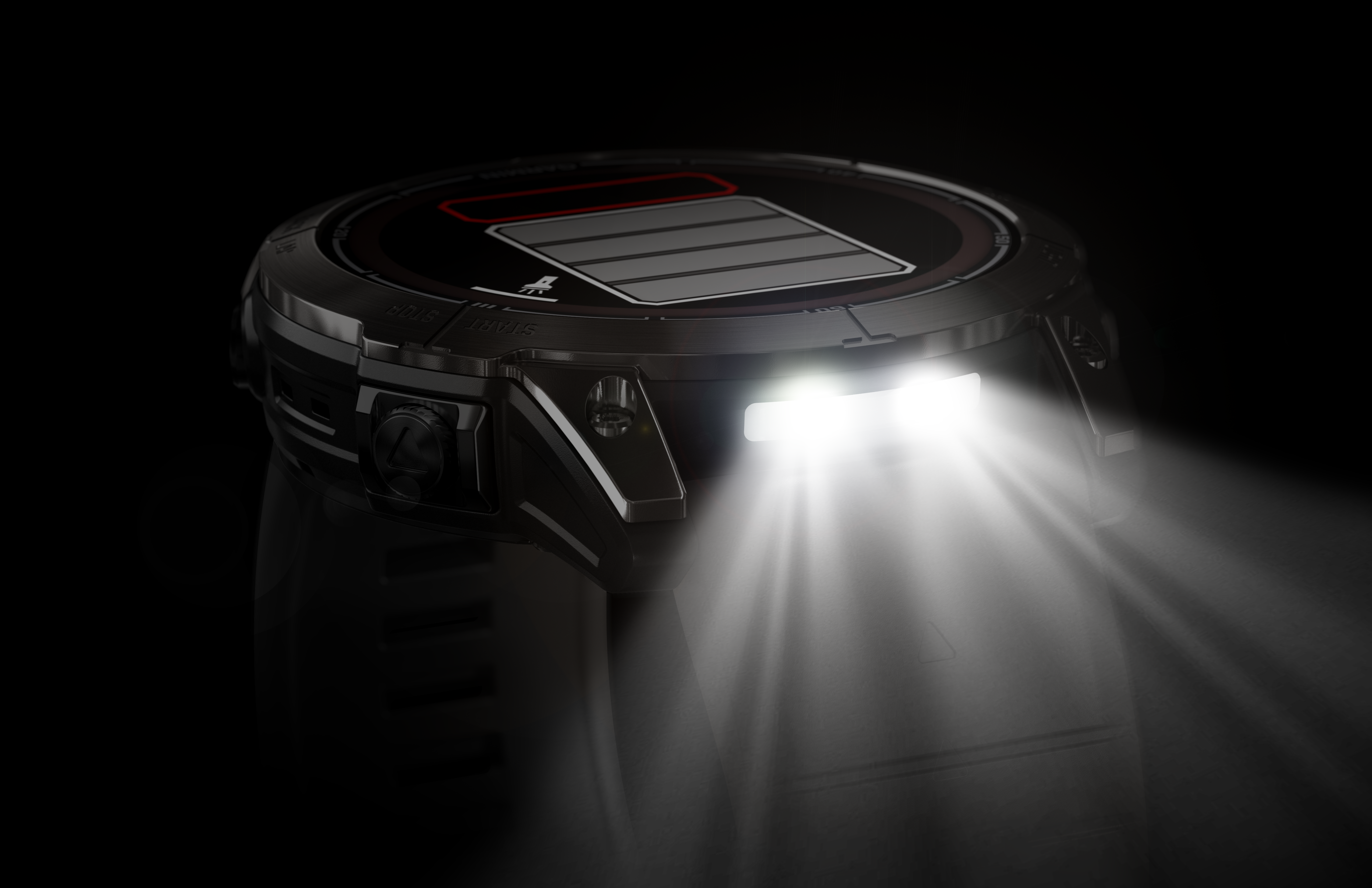 Gros plan d'une montre avec une lumière vive. Le cadran affiche un indicateur de batterie. Fond noir.