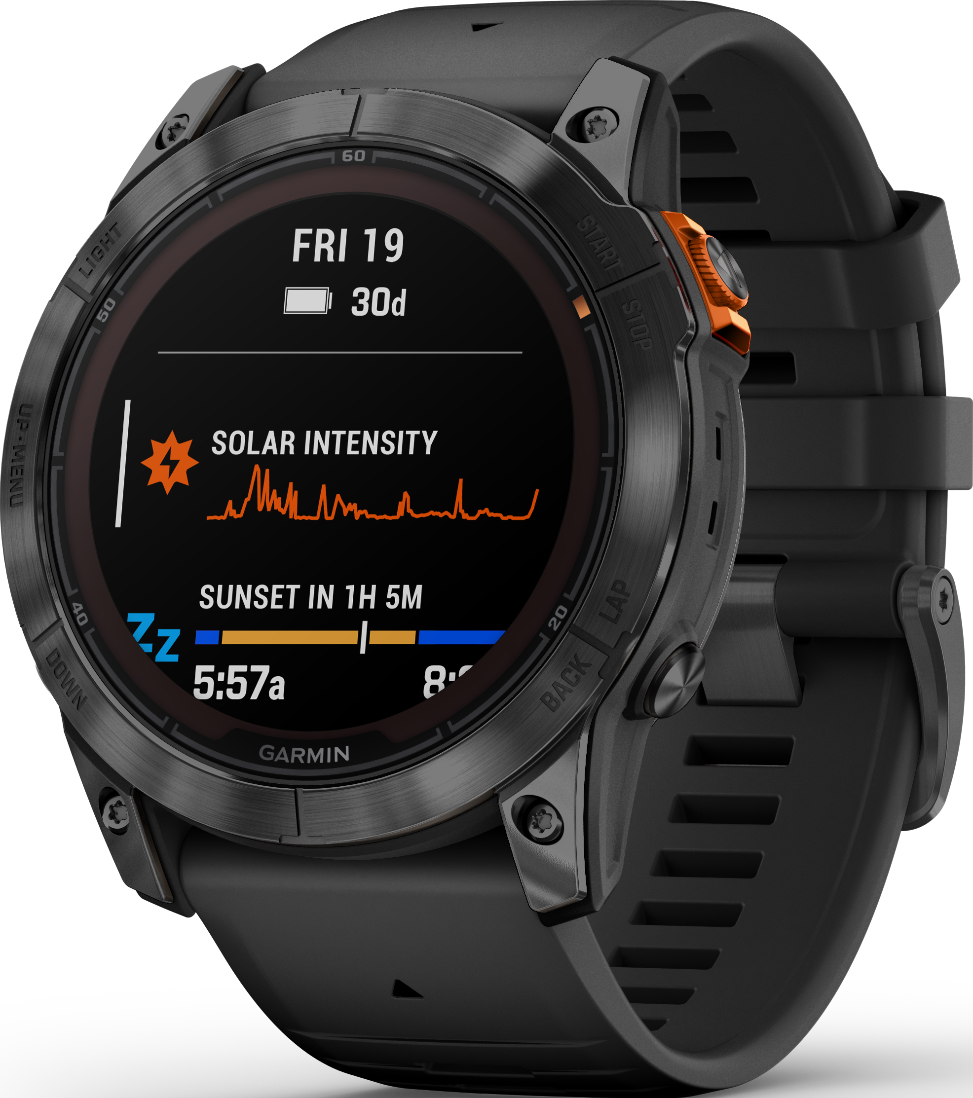 Schwarze Smartwatch mit orangefarbenen Akzenten, die Daten auf einem Bildschirm anzeigt.