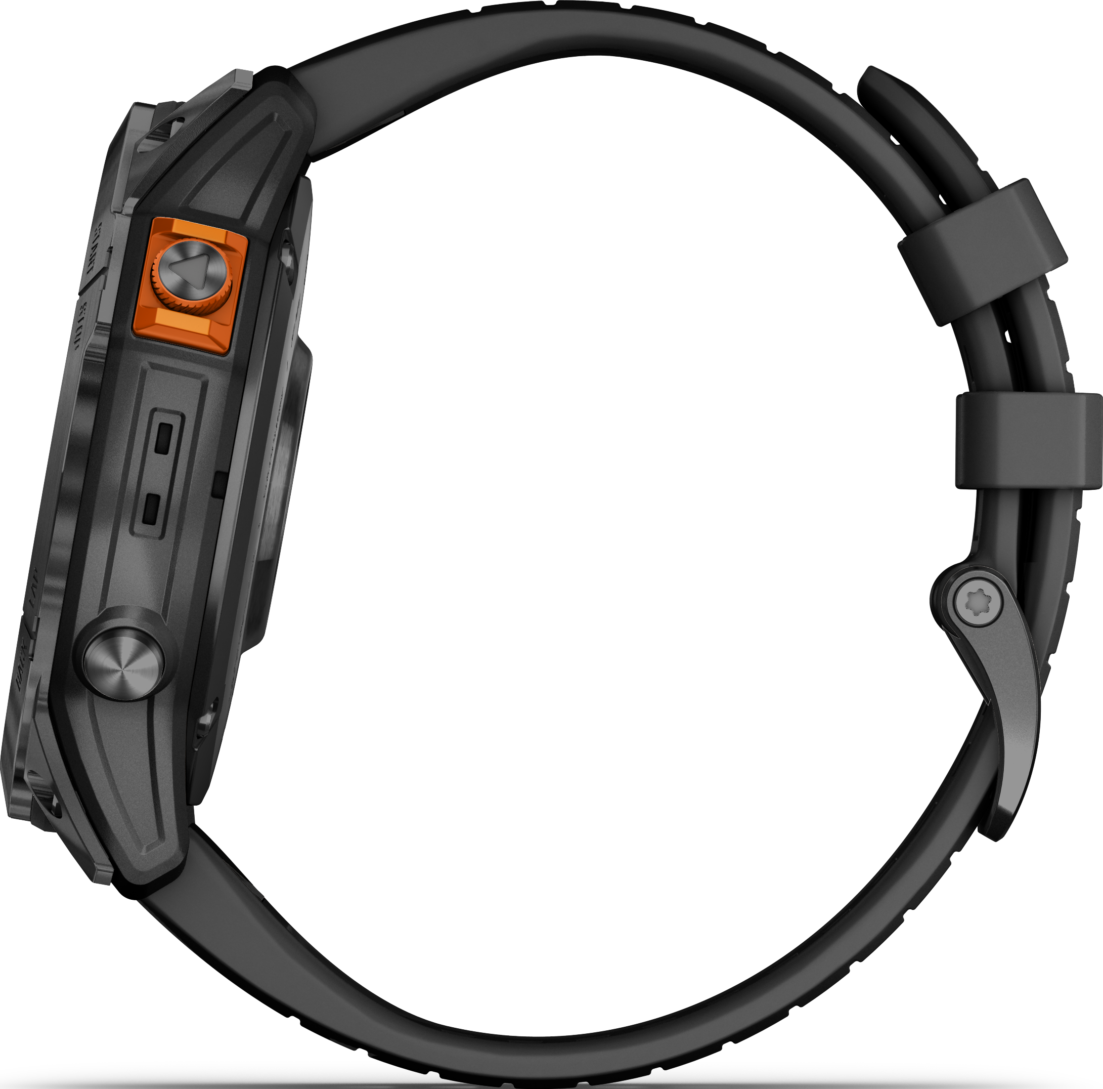 Seitenansicht einer Smartwatch. Schwarzes Armband und Gehäuse mit orangefarbener Taste. Details sichtbar.