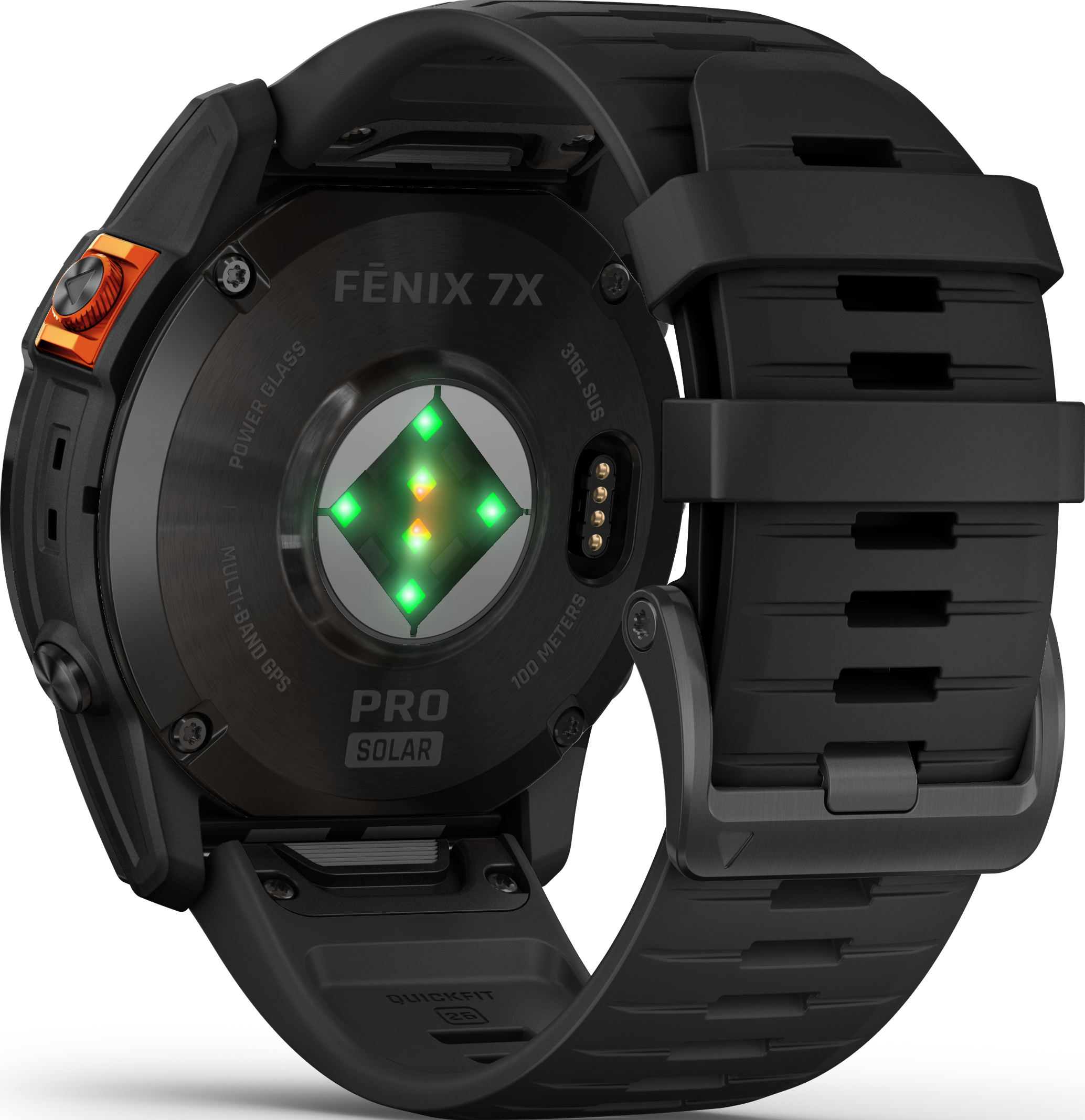 Schwarze Garmin Fenix 7X Pro Solar Uhr Rückseite. Herzfrequenzsensor, Armband und Knöpfe sichtbar. Text: 'Fenix 7X', 'Pro Solar'.