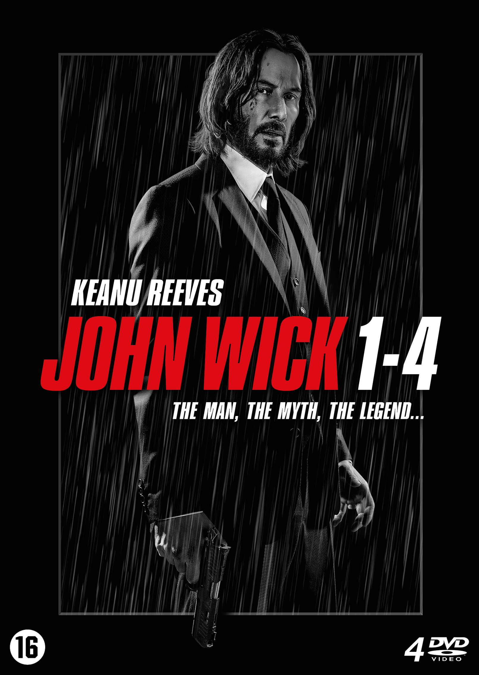 Affiche du film: John Wick 1-4, avec Keanu Reeves et une arme.