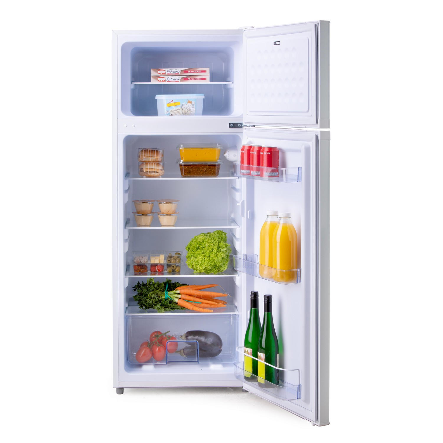 Réfrigérateur blanc avec porte ouverte. À l'intérieur, des étagères avec des aliments.