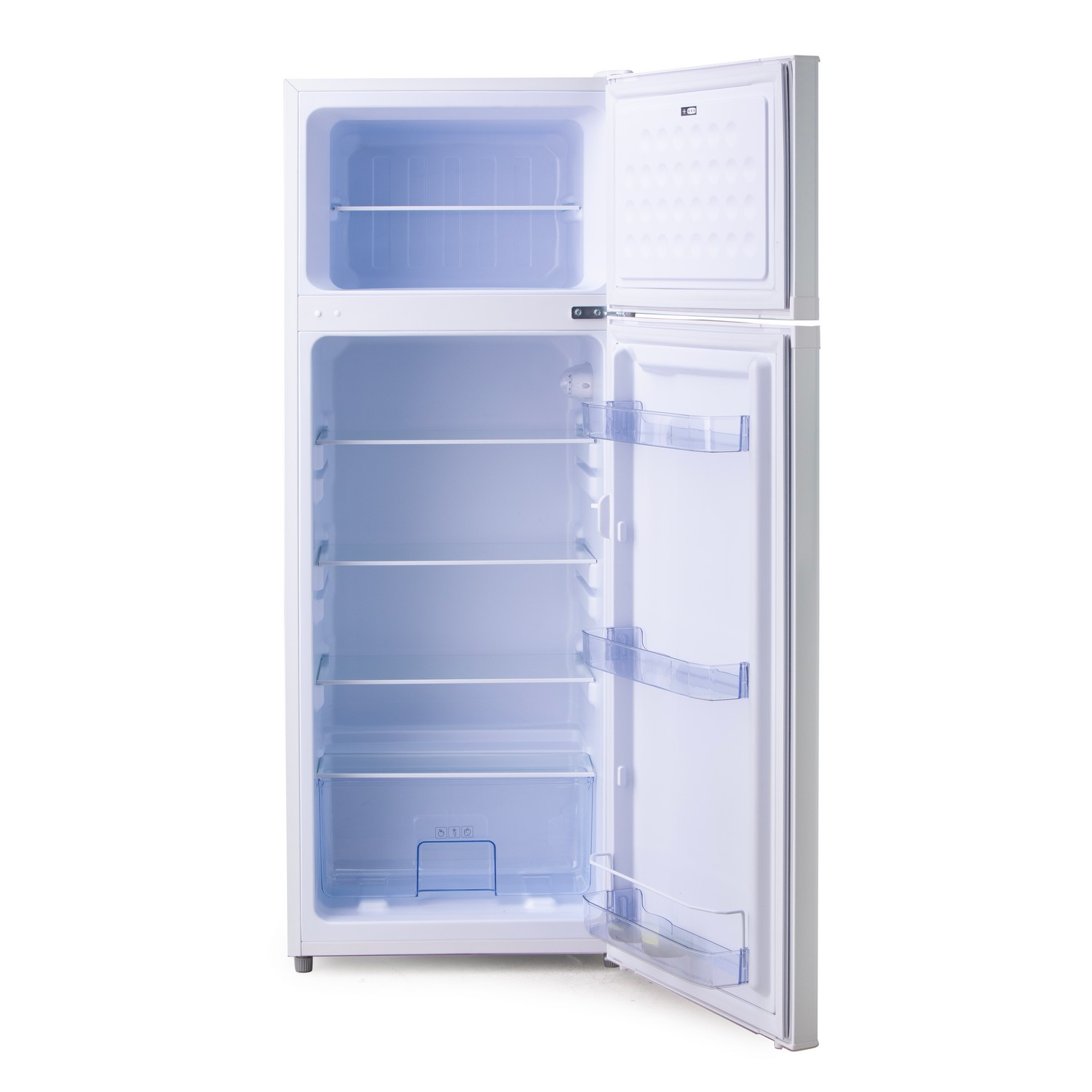 Réfrigérateur blanc ouvert. Compartiments supérieur et inférieur visibles.