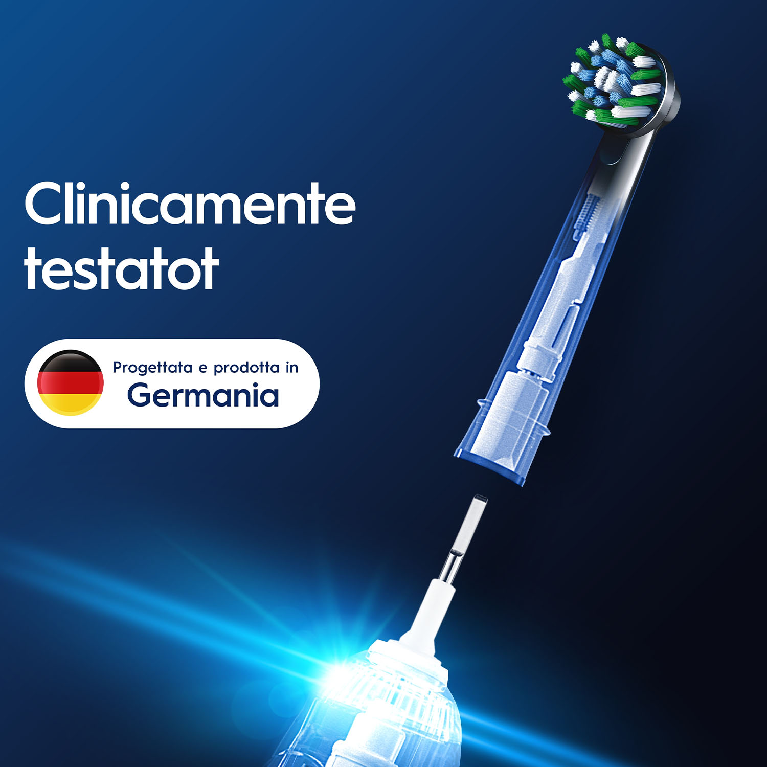 Componenti dello spazzolino elettrico Oral-B. Vista trasparente con testo. Sfondo blu.