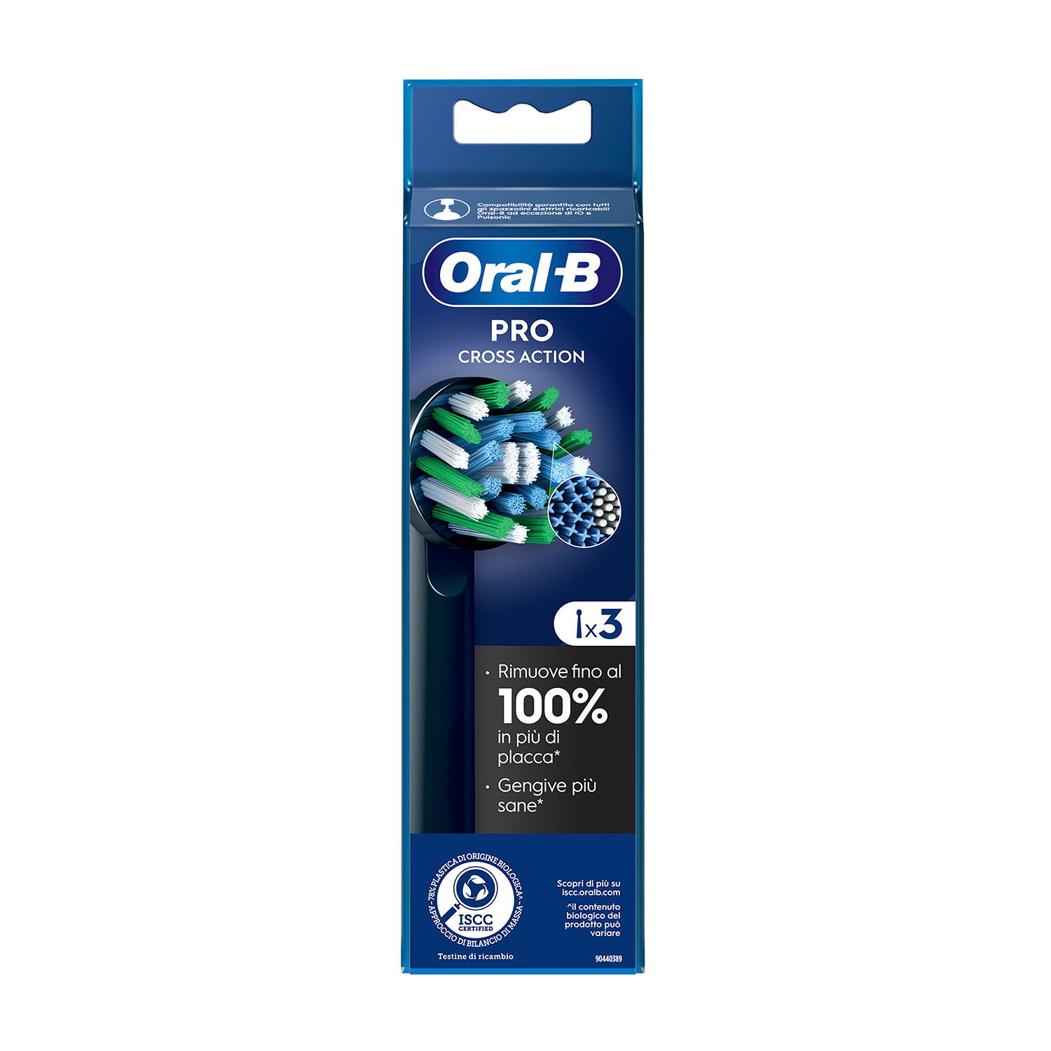 Testine per spazzolino Oral-B Pro Cross Action in confezione blu e bianca.