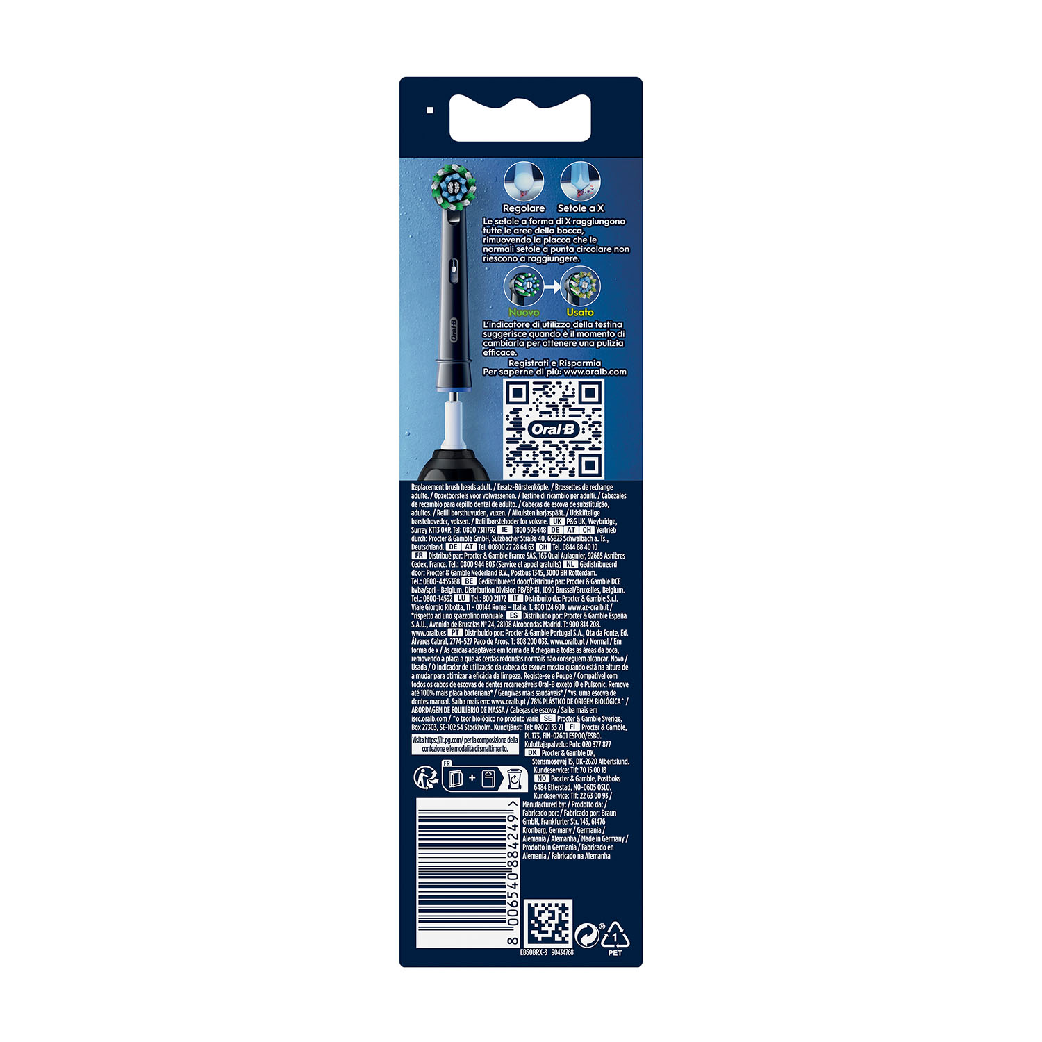 Retro della confezione della testina dello spazzolino con testo, immagini e codici QR. Colori nero e blu.