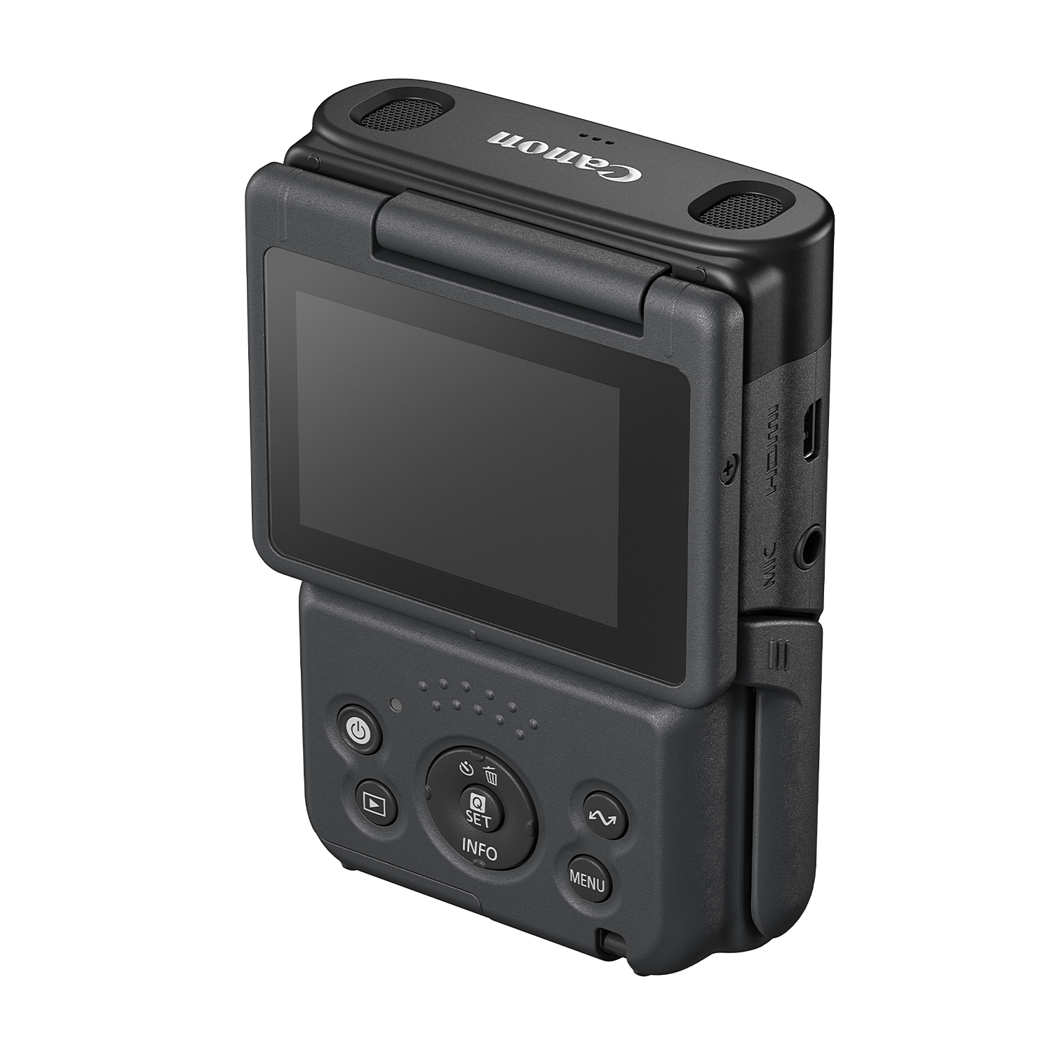 Una fotocamera Canon nera con schermo ribaltabile. Tasti e controlli visibili sul retro.