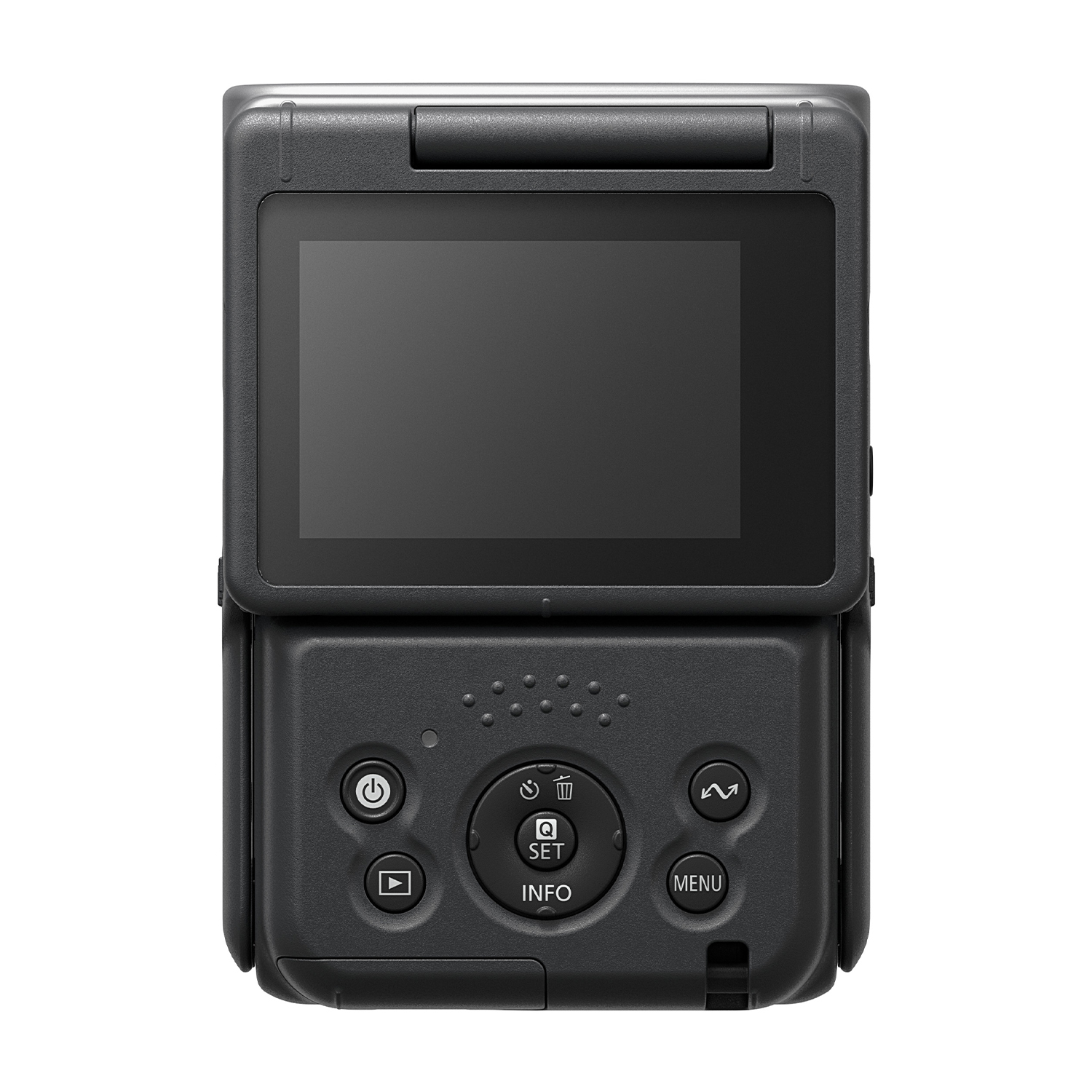 Retro di una fotocamera nera. Ha uno schermo, pulsanti per accensione, info, set, menu e un pad direzionale.