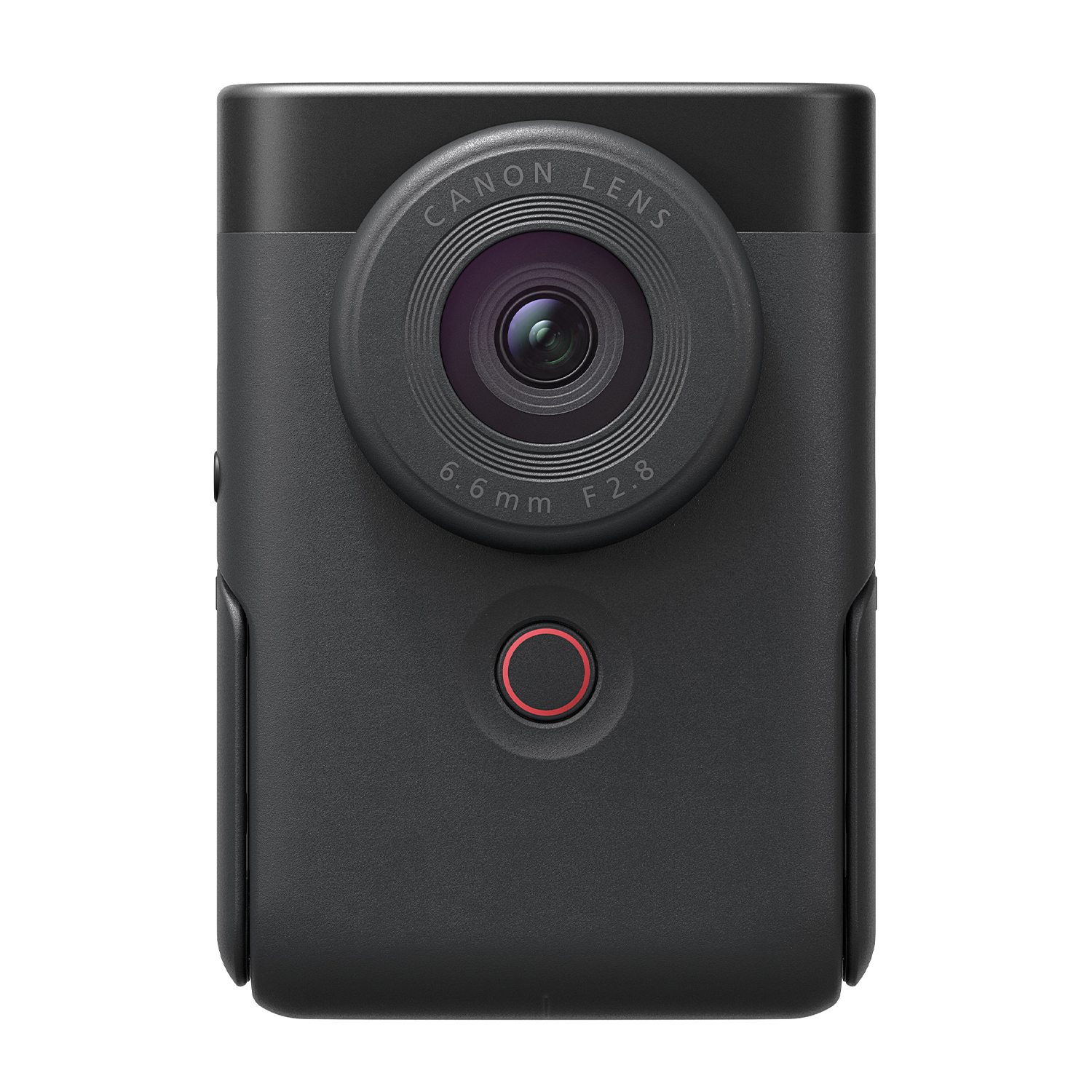 Una fotocamera nera con obiettivo Canon e un pulsante rosso. Ha un obiettivo circolare e un corpo rettangolare.