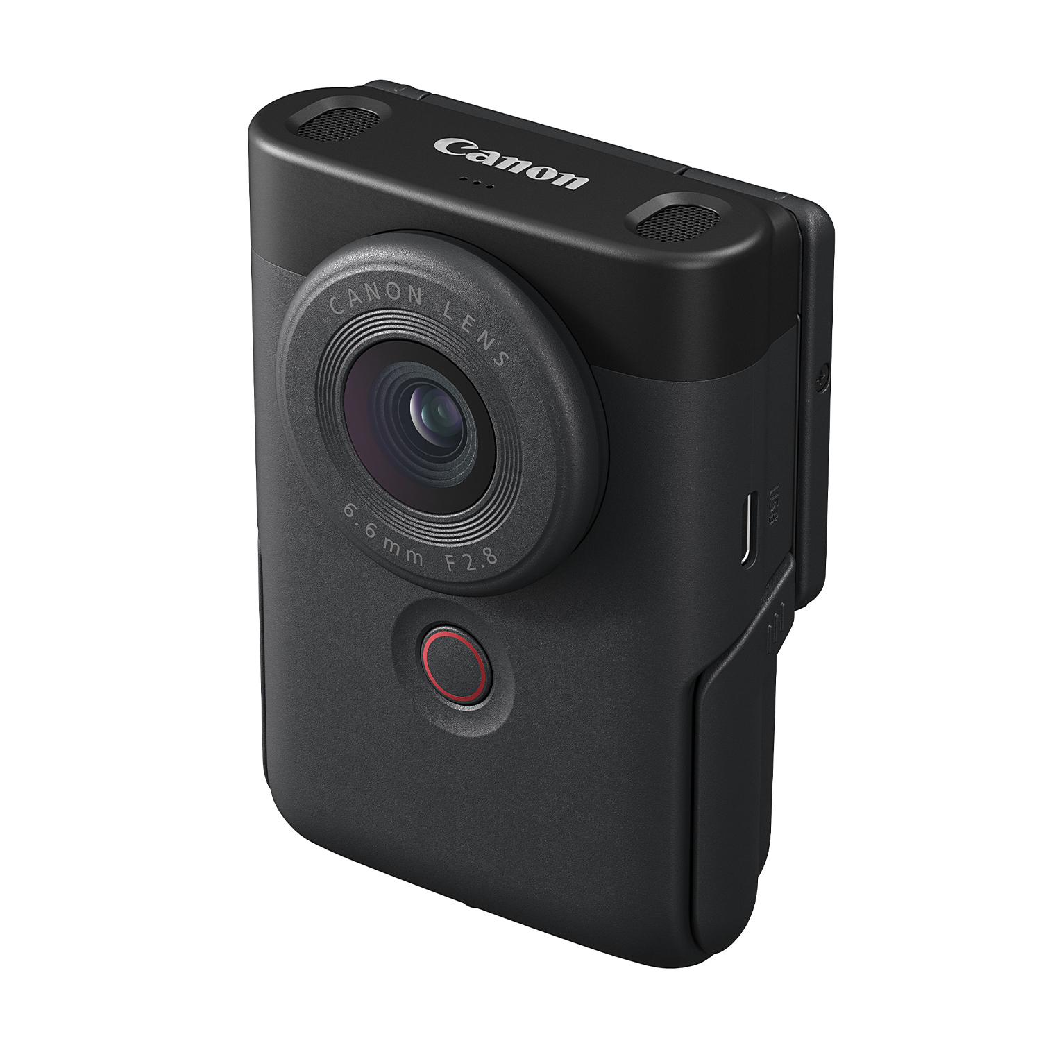 Fotocamera Canon nera, design compatto, con obiettivo e pulsanti, isolata su sfondo bianco.