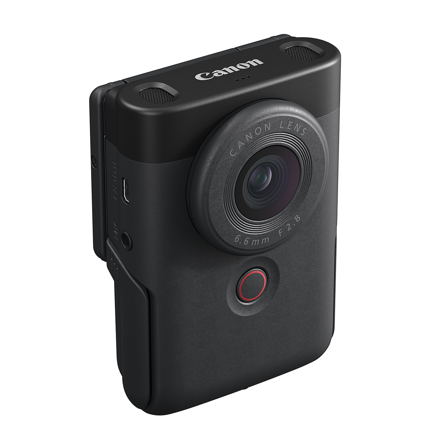 Fotocamera compatta nera con un obiettivo grande e un pulsante rosso. Sfondo bianco.