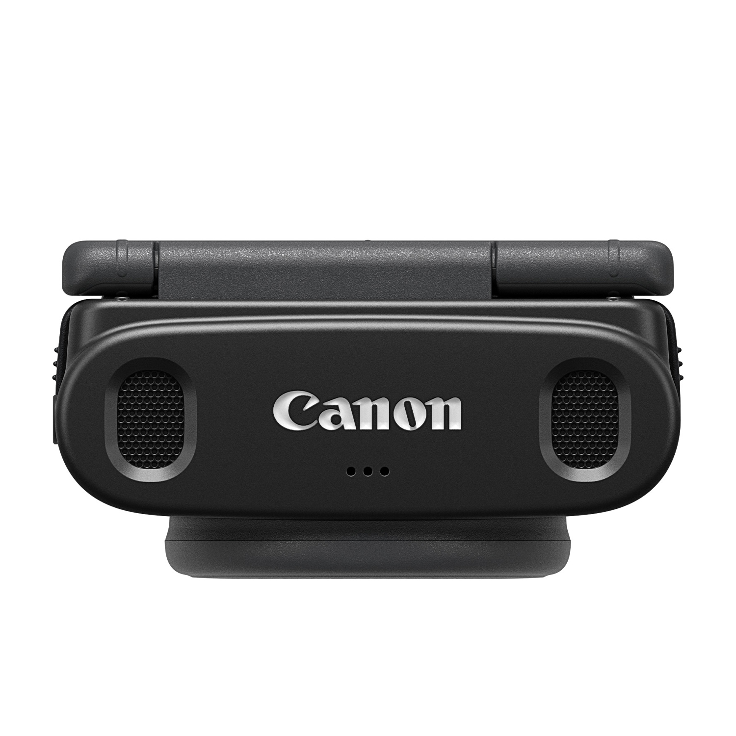 Un accessorio per fotocamera Canon nero. Ha un microfono e il logo Canon sulla parte anteriore.