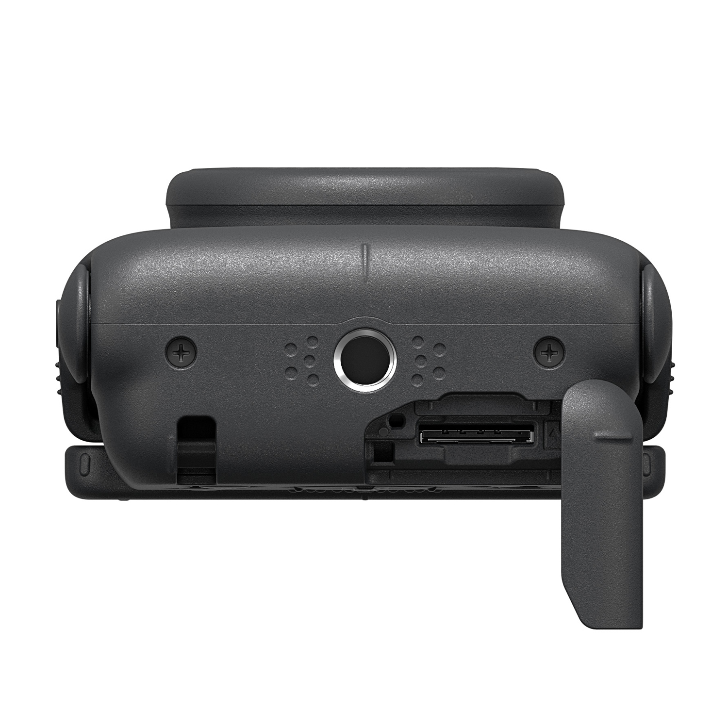 Action camera nera, vista posteriore che mostra le porte e uno sportello aperto.