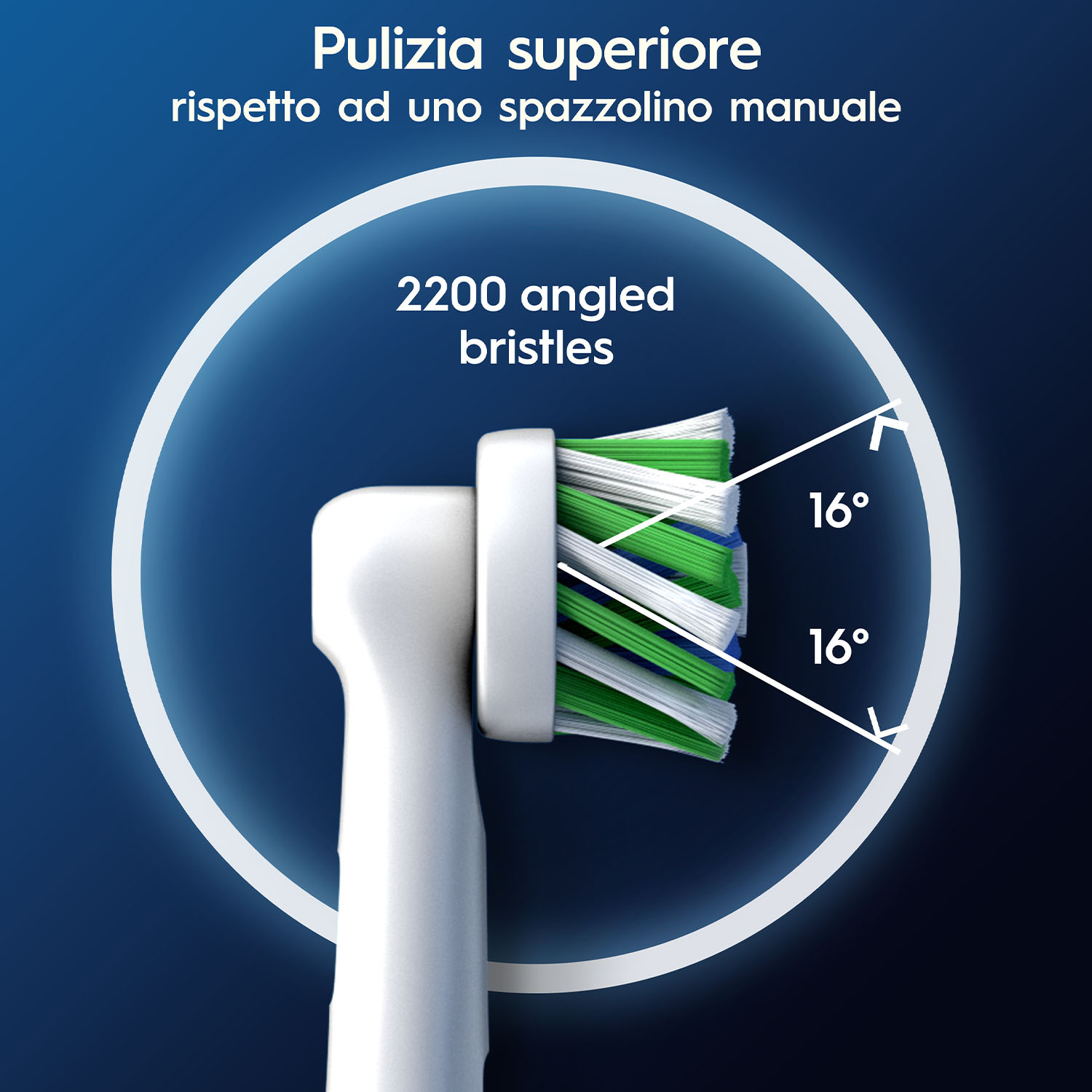 Primo piano di testina bianca spazzolino con setole verdi e blu angolate di 16 gradi.