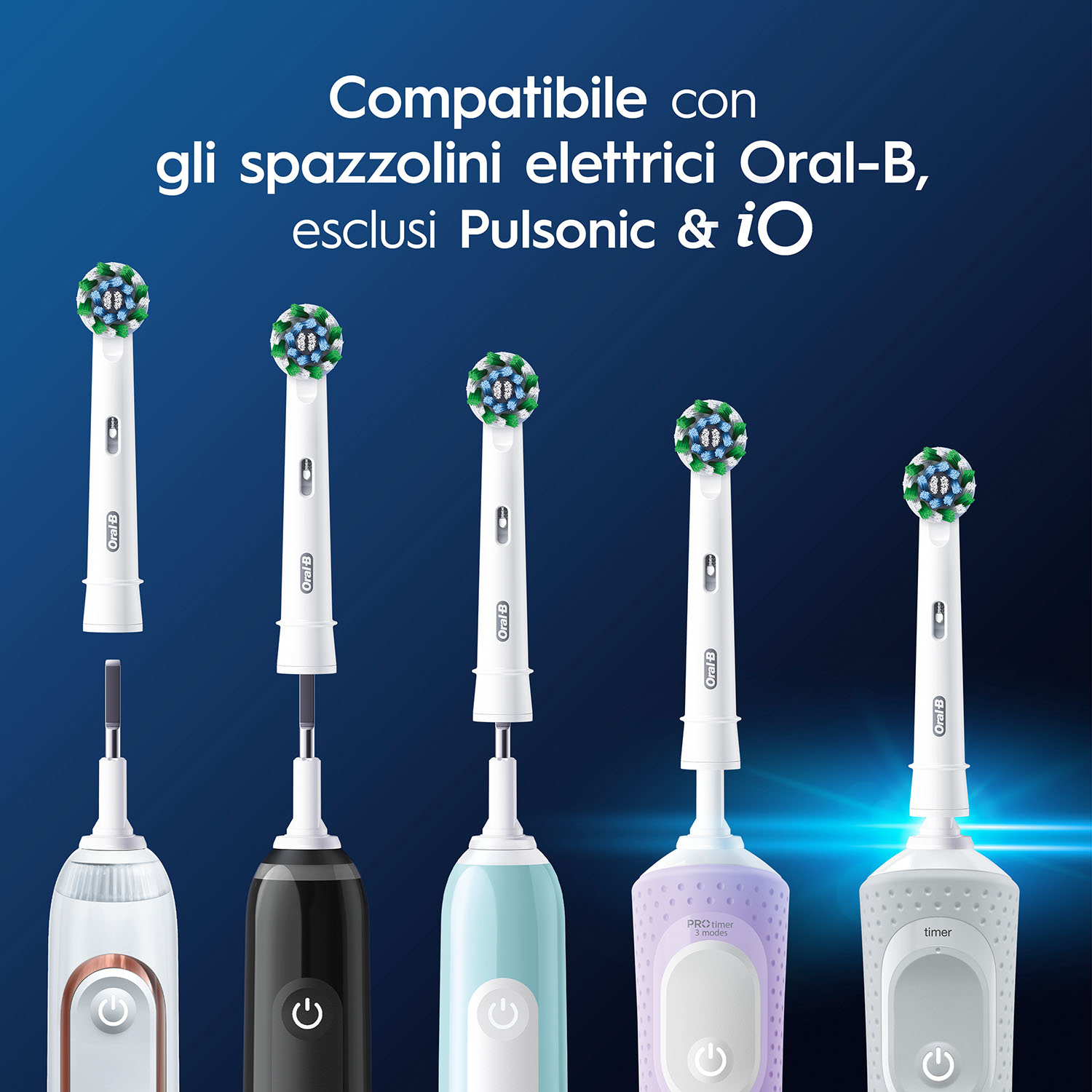 Spazzolini elettrici e testine su sfondo blu con testo.