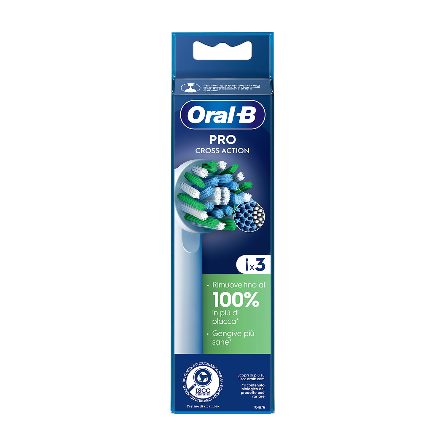 Una scatola di testine per spazzolino Oral-B Pro Cross Action. Le testine sono verdi e blu.