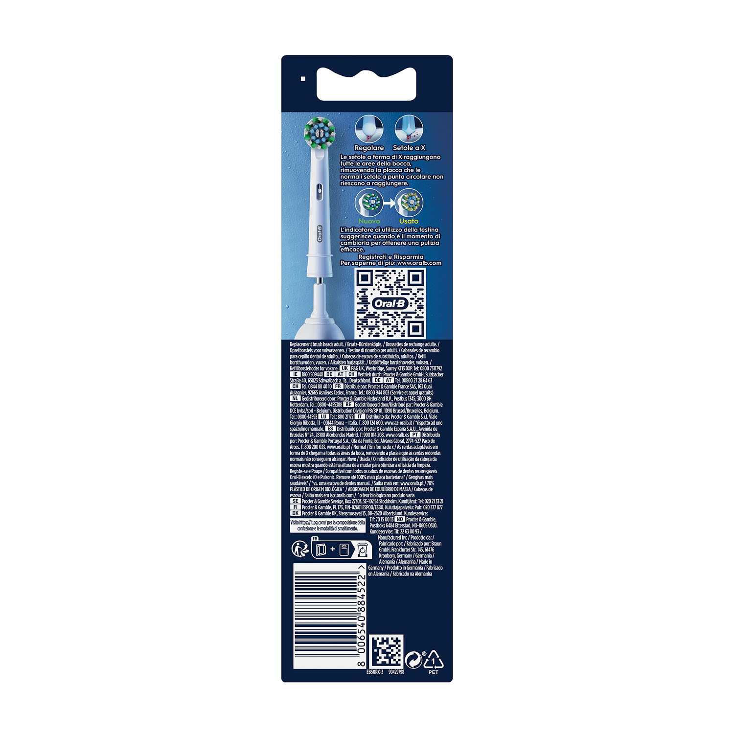 Retro confezione testina spazzolino Oral-B con testo, codice QR e testina.