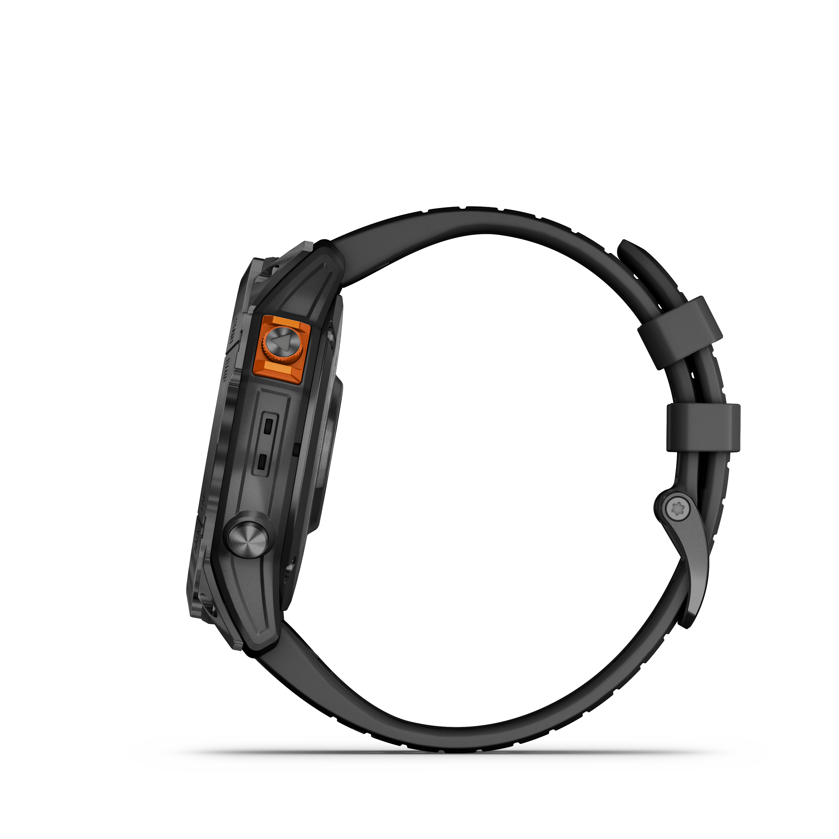 Seitenansicht einer schwarzen Smartwatch mit orangefarbenem Knopf und schwarzem Armband, isoliert auf Weiß.
