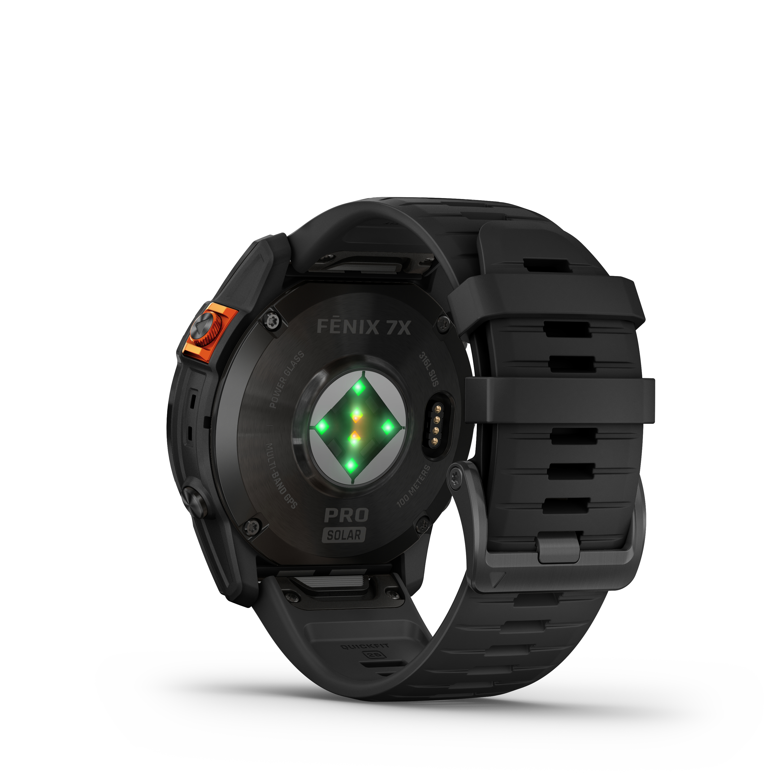 Schwarze Garmin Fenix 7X Uhr, Rückansicht. Sie hat ein schwarzes Armband und einen grünen Lichtsensor.
