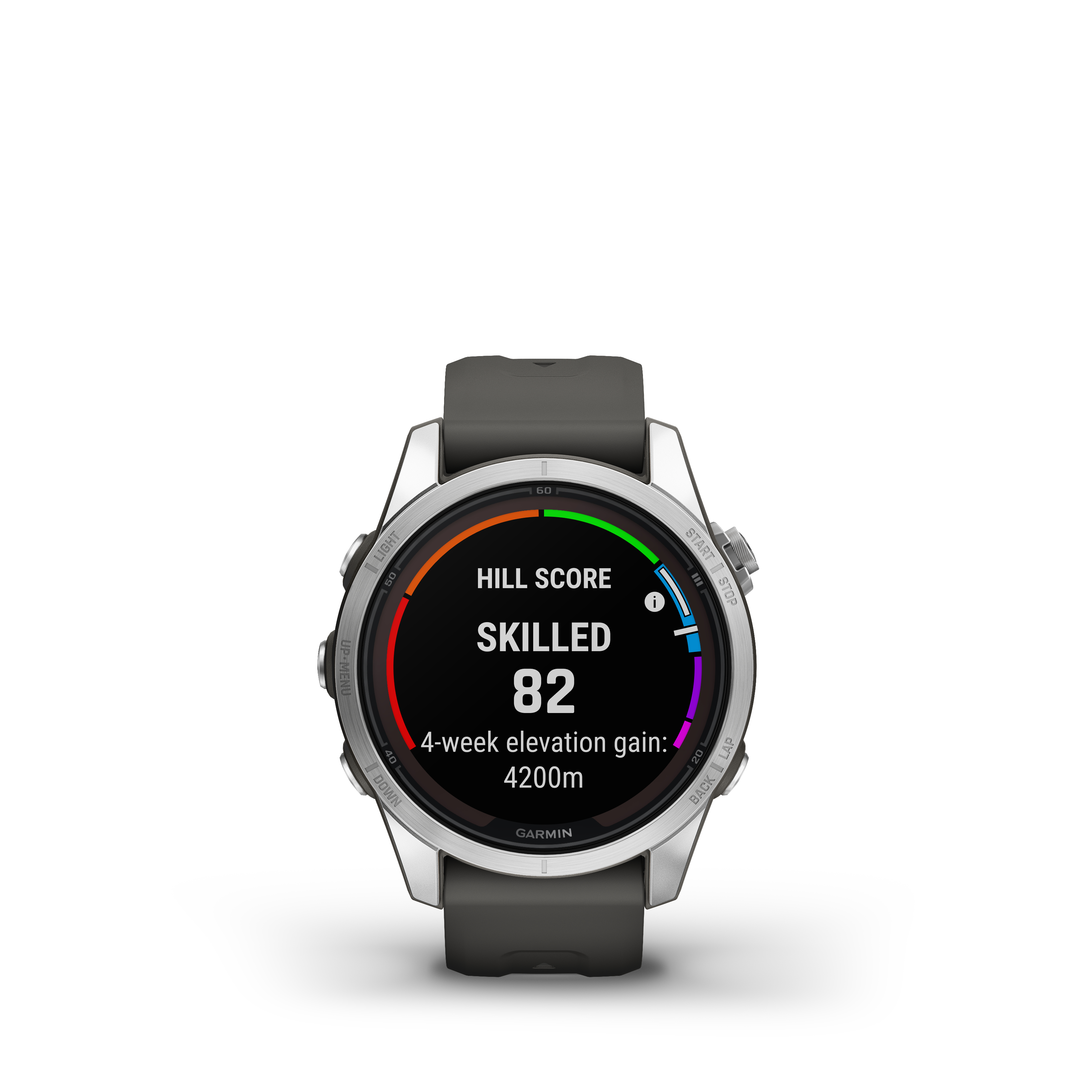 Silberne Smartwatch zeigt 'Skilled 82' und Höhengewinn. Dunkelgraues Armband.