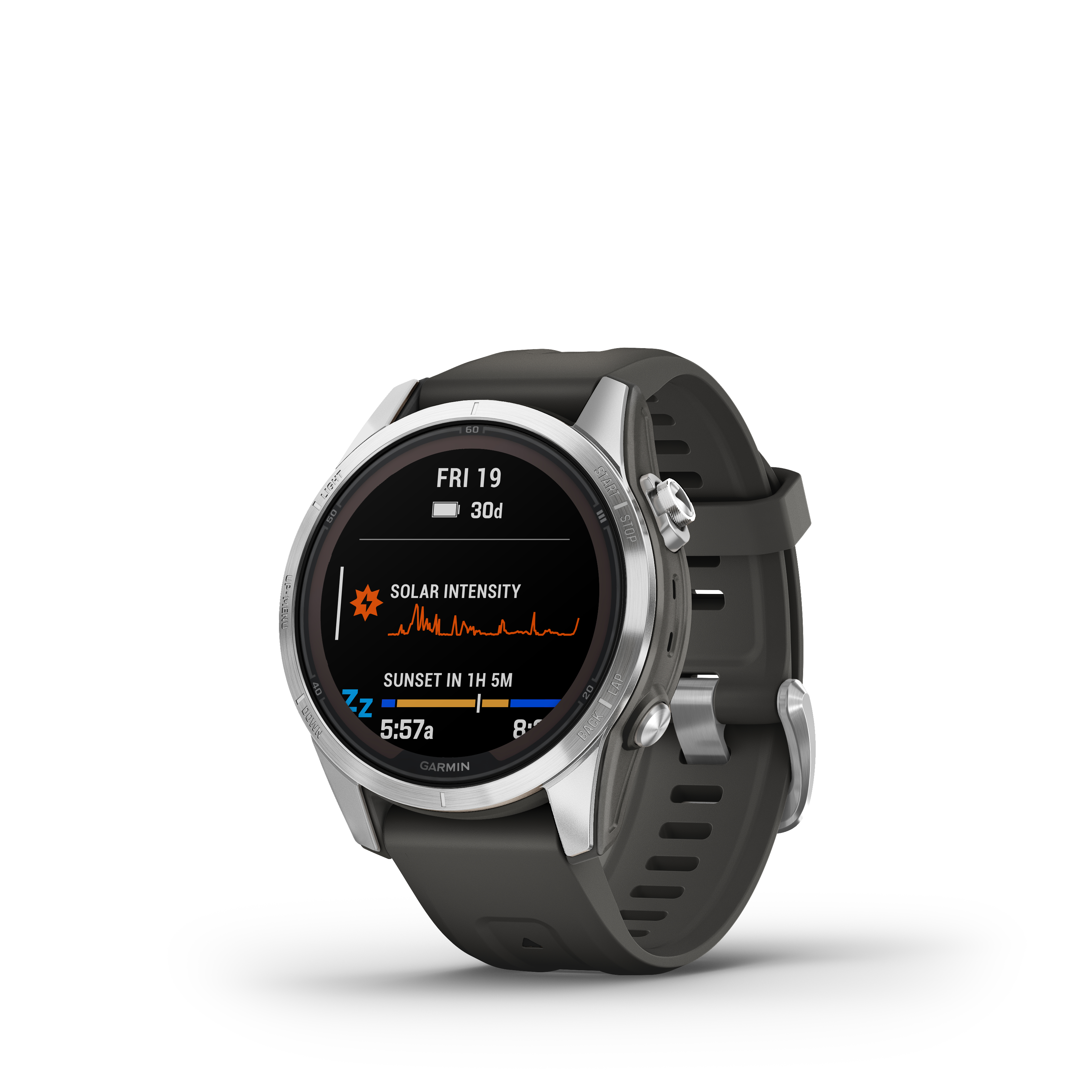 Garmin-Uhr, die die Zeit, die Sonnenintensität und Sonnenaufgangs-/Sonnenuntergangsinformationen anzeigt.