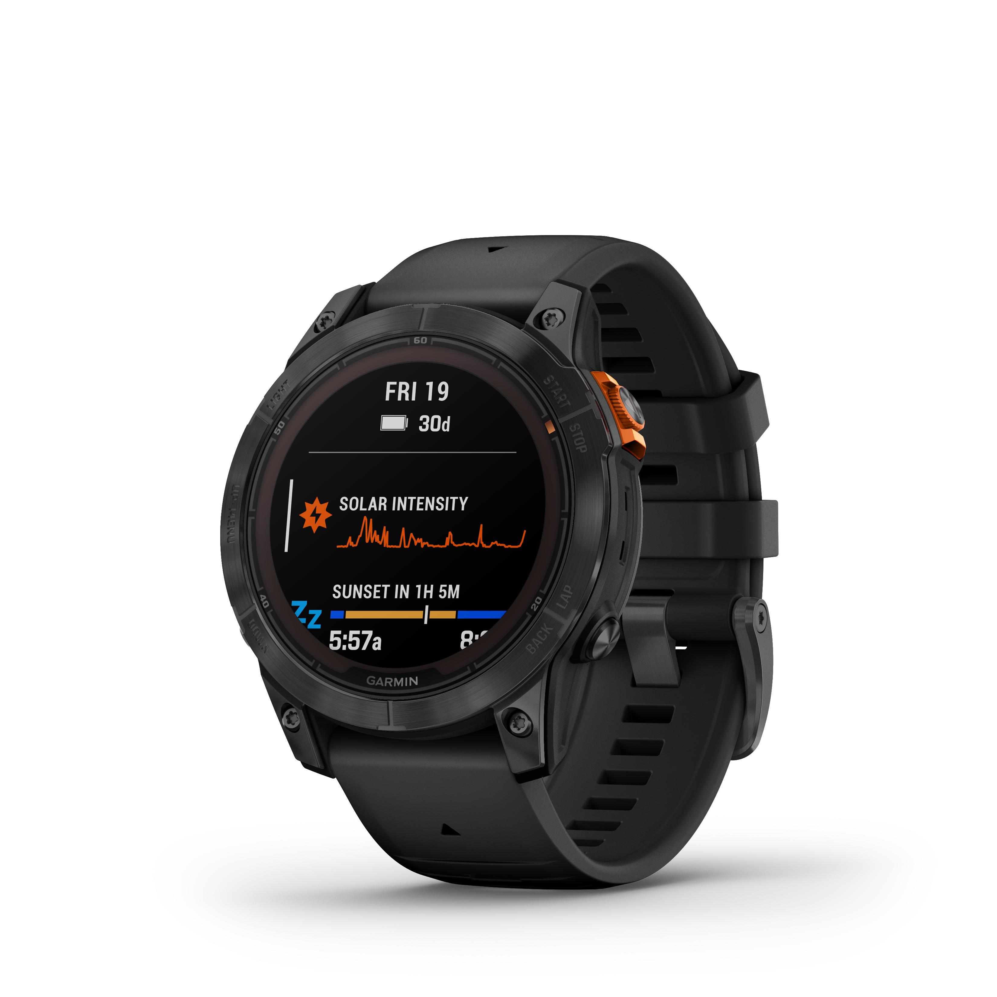 Eine schwarze Garmin Smartwatch zeigt ein Solarintensitätsdiagramm und die Uhrzeit vor weißem Hintergrund.