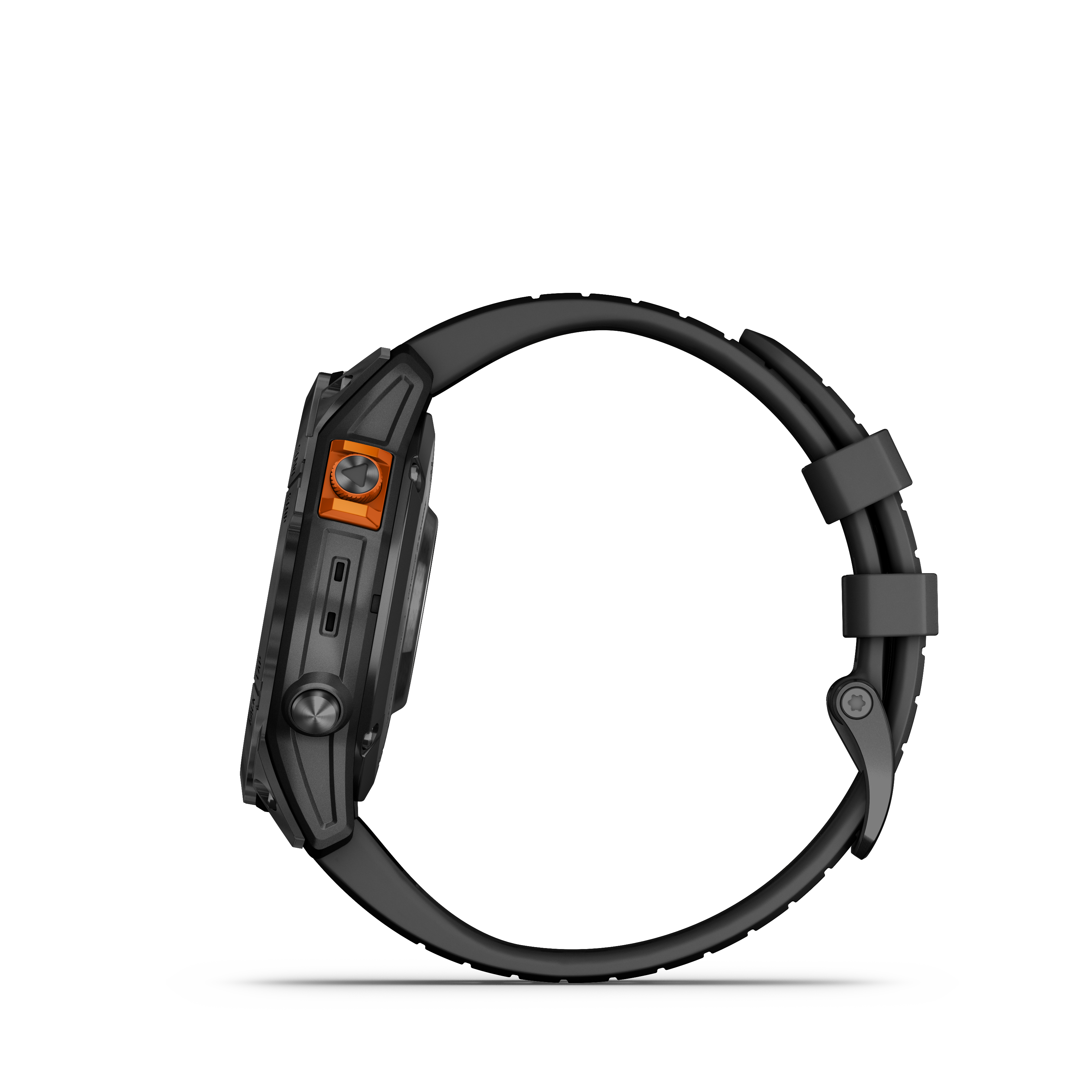 Seitenansicht einer schwarzen Garmin-Uhr mit schwarzem Armband. Die Uhr hat eine orangefarbene Taste.