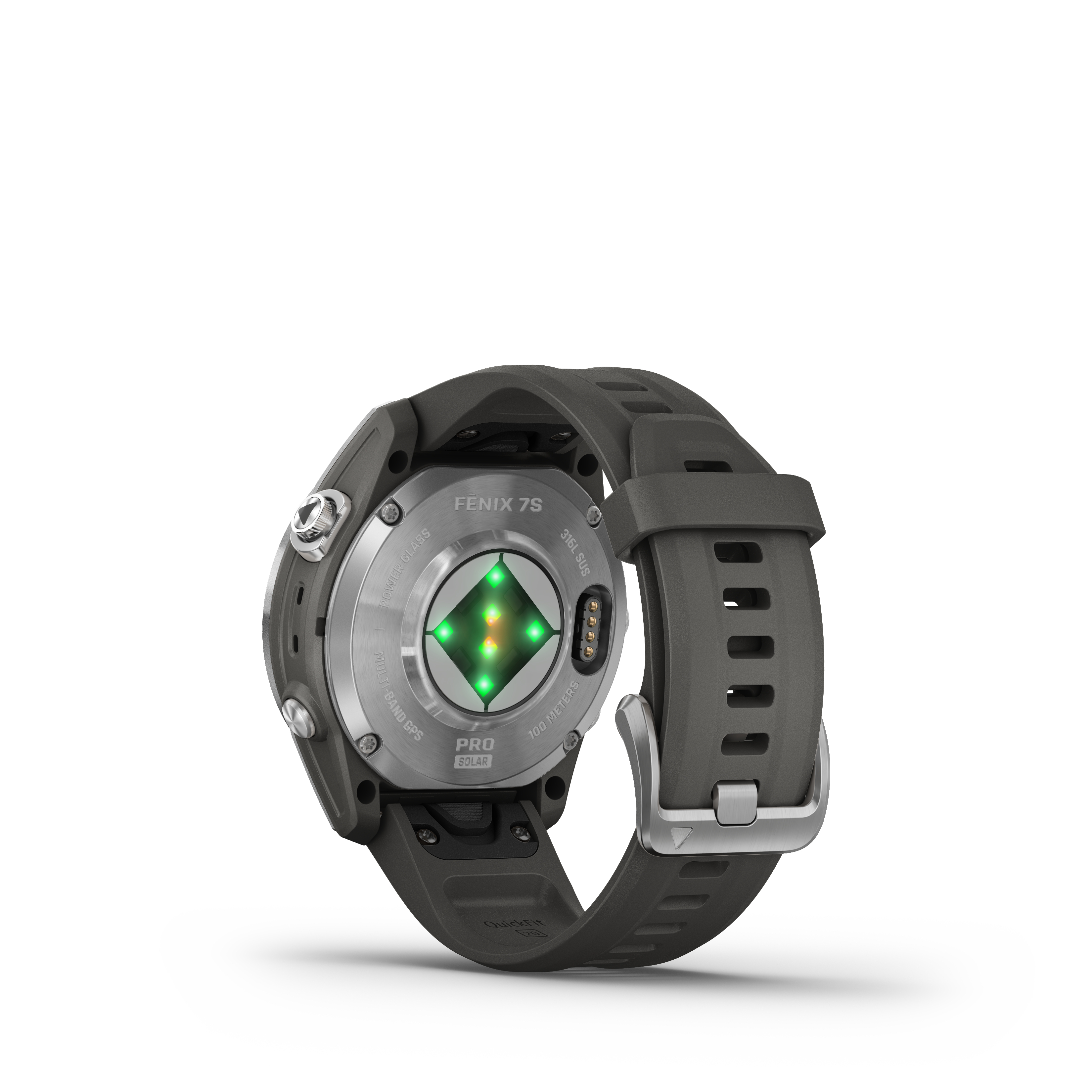 Rückansicht einer grauen Garmin Fenix 7S Smartwatch, mit nach unten gerichtetem Zifferblatt.