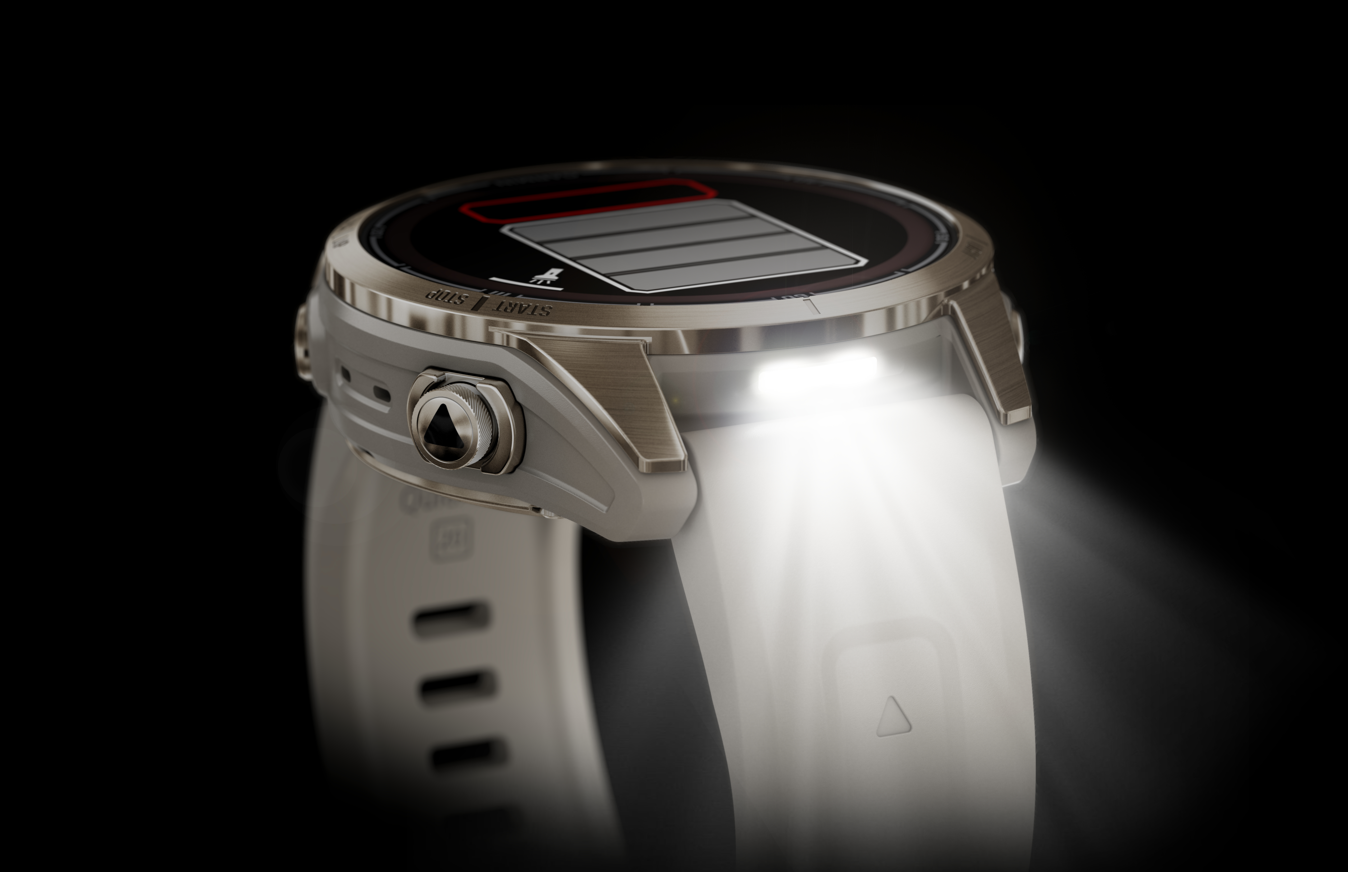 Nahaufnahme einer Smartwatch mit hellem Licht, das aus dem Zifferblatt scheint.