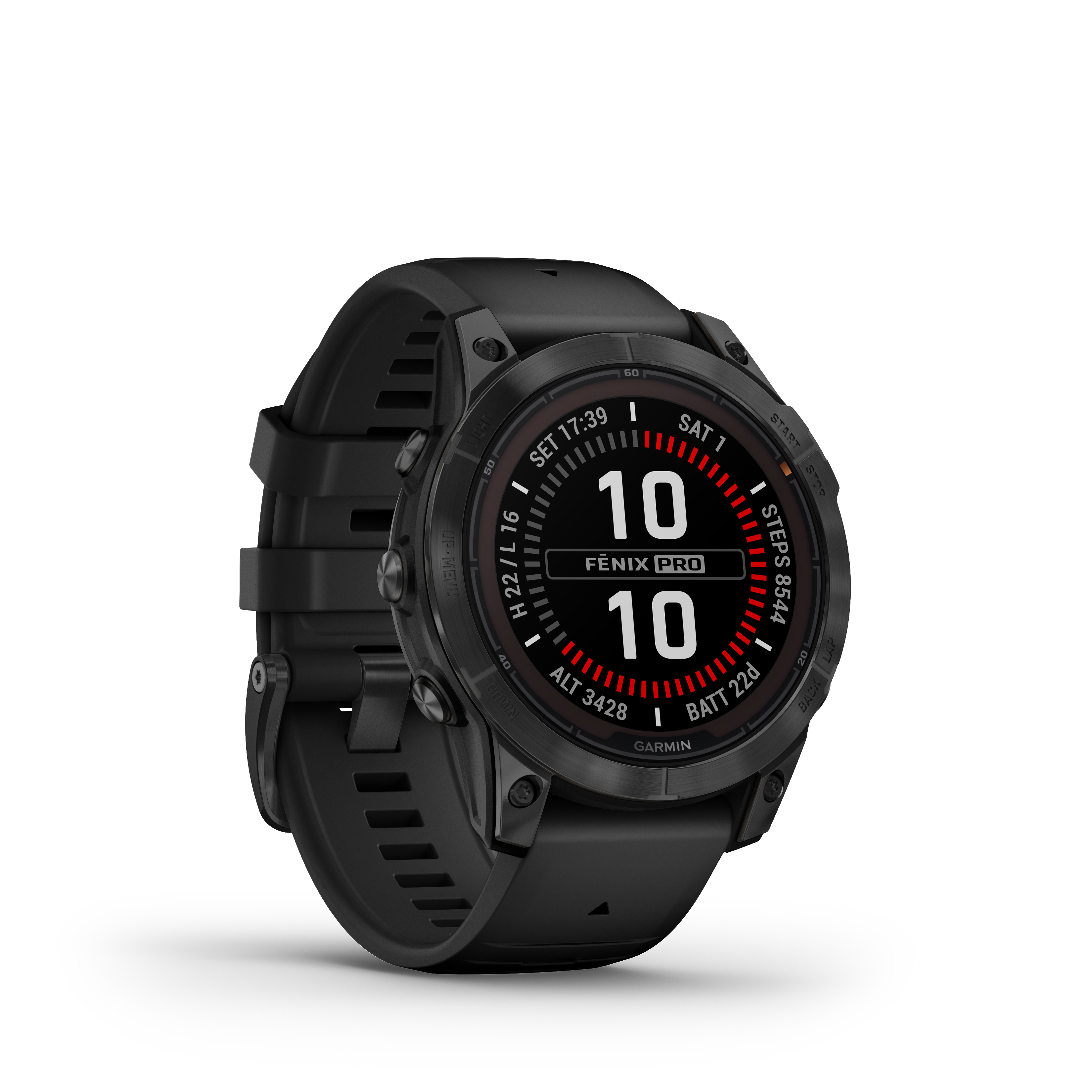 Schwarze Garmin Fenix Pro Uhr. Anzeige zeigt Zeit und Statistiken. Schwarzer Hintergrund.