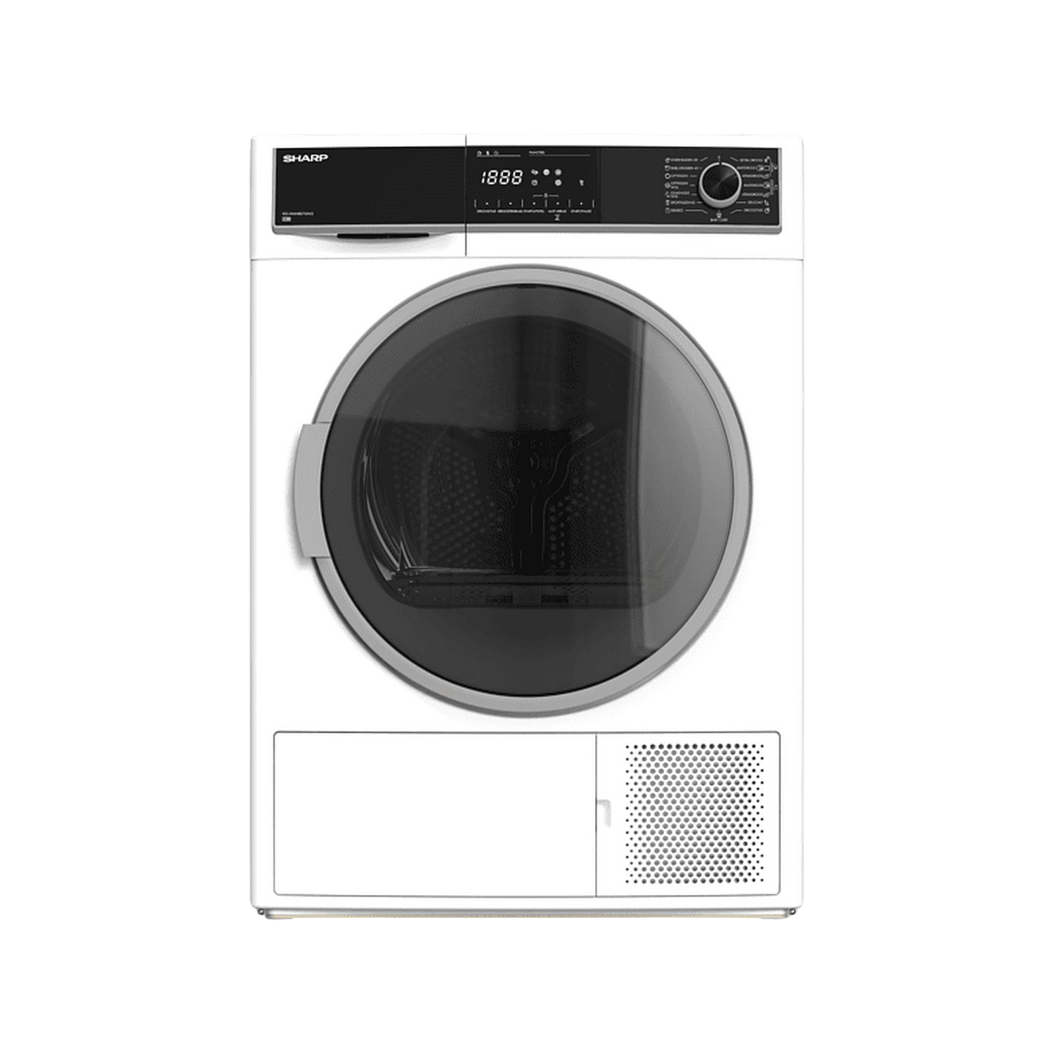 Sèche-linge Sharp blanc avec porte noire ronde et panneau de commande. Il a une base rectangulaire blanche.