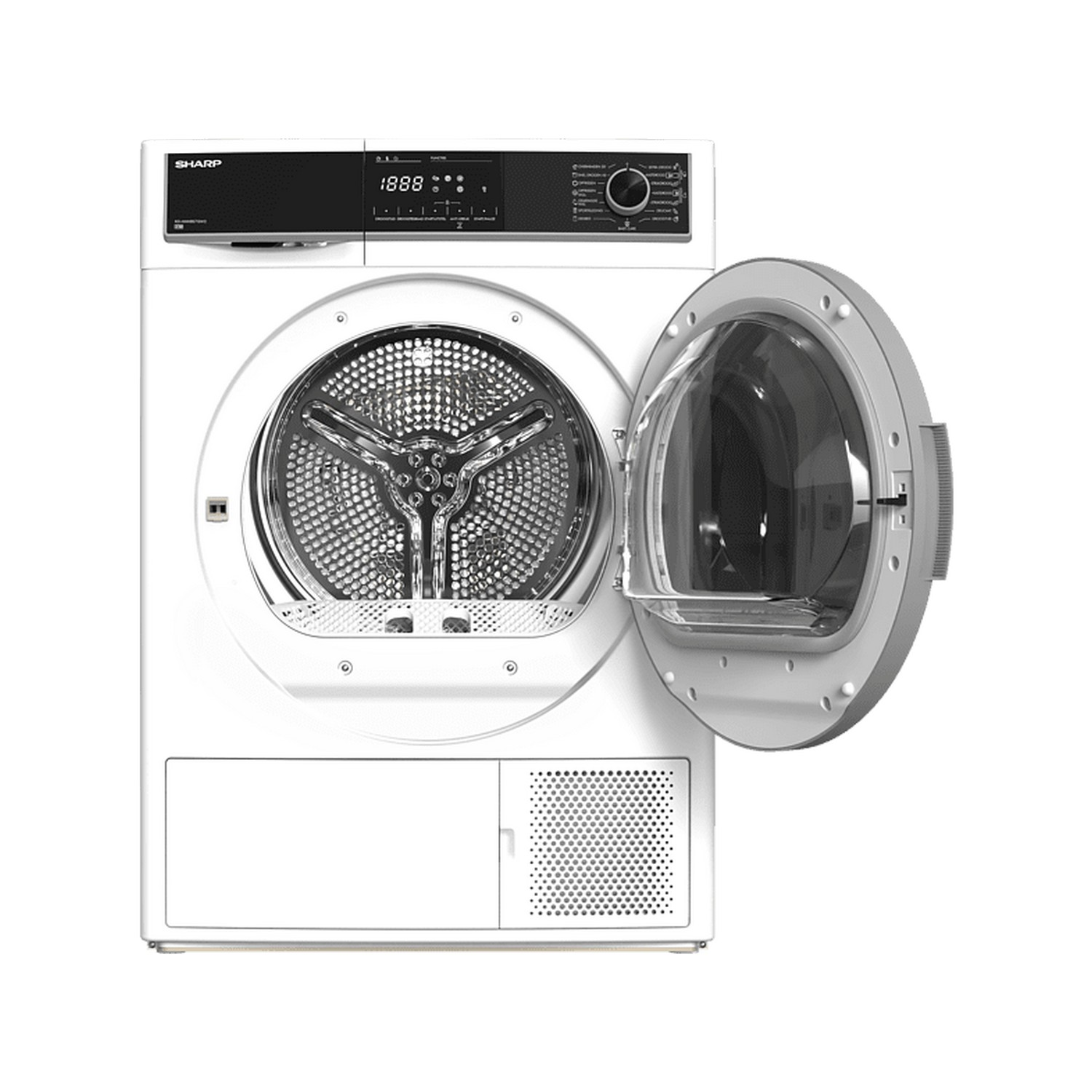 Sèche-linge blanc avec porte ouverte. Montre l'intérieur du tambour avec un panneau de commande en haut.