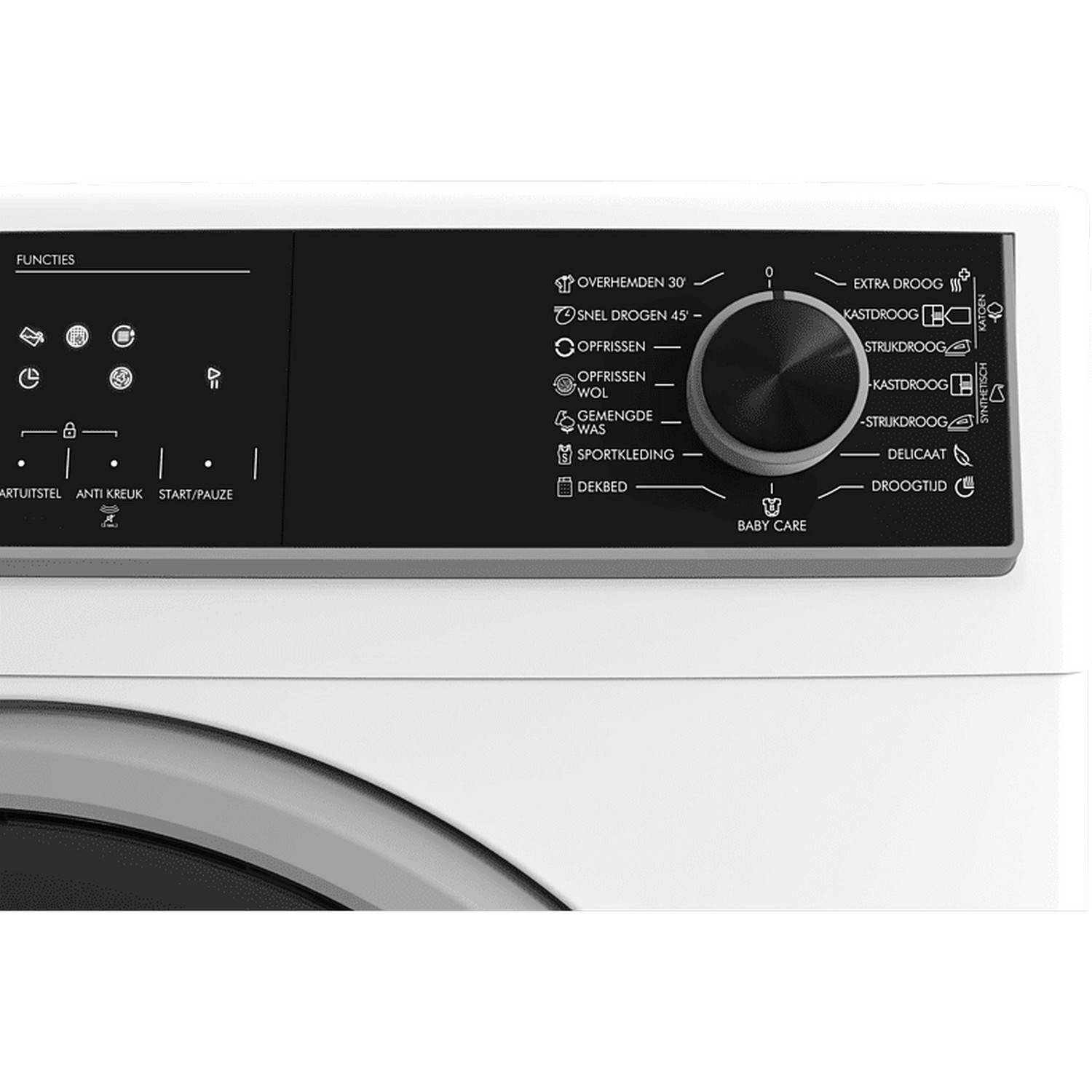 Panneau de commande d'un lave-linge avec divers boutons et un cadran central, affichant les réglages.