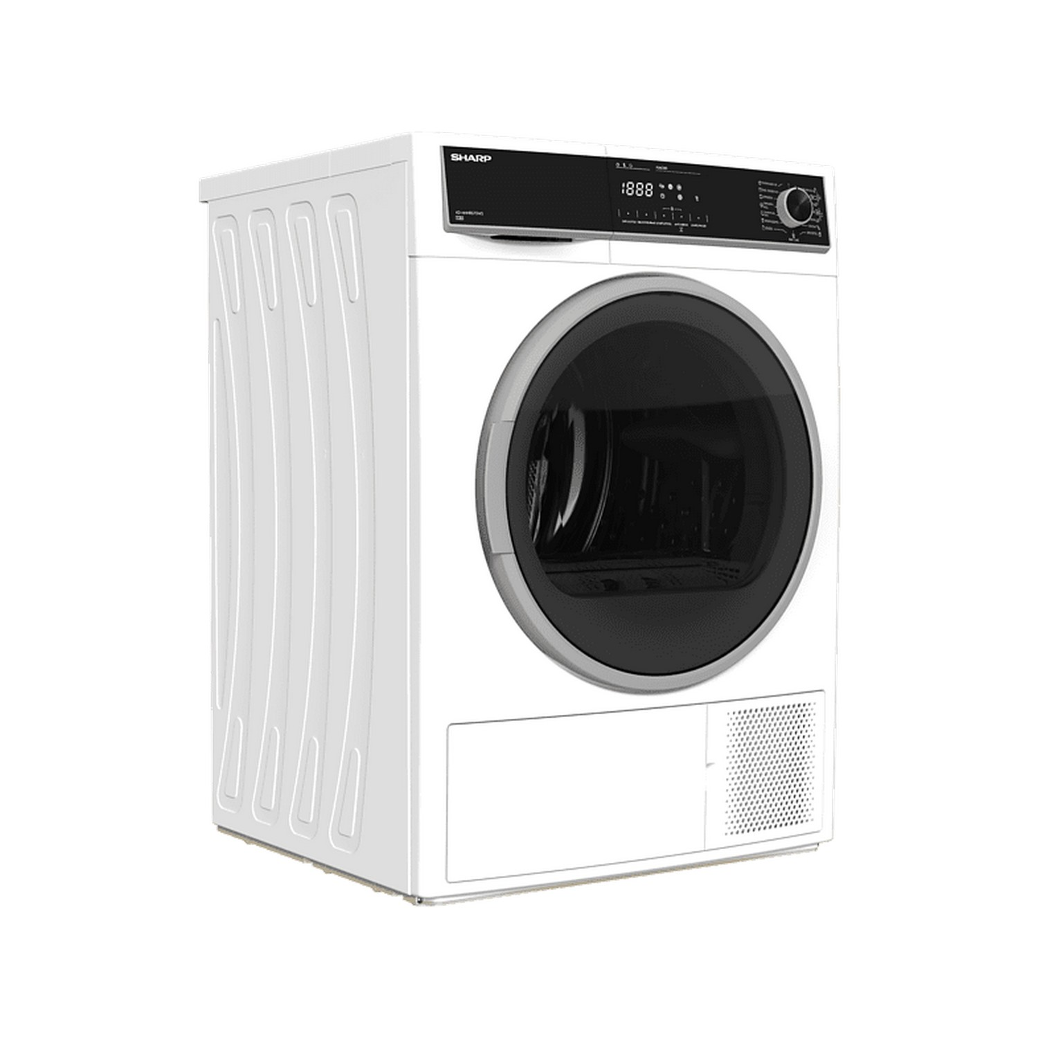 Sèche-linge blanc avec porte noire, panneau de commande et aérations, sur fond blanc.