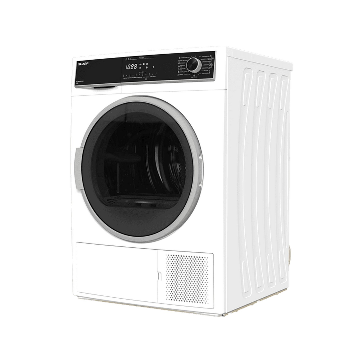 Machine à laver blanche. Elle a une façade sombre avec une porte ronde et un panneau de commande en haut.