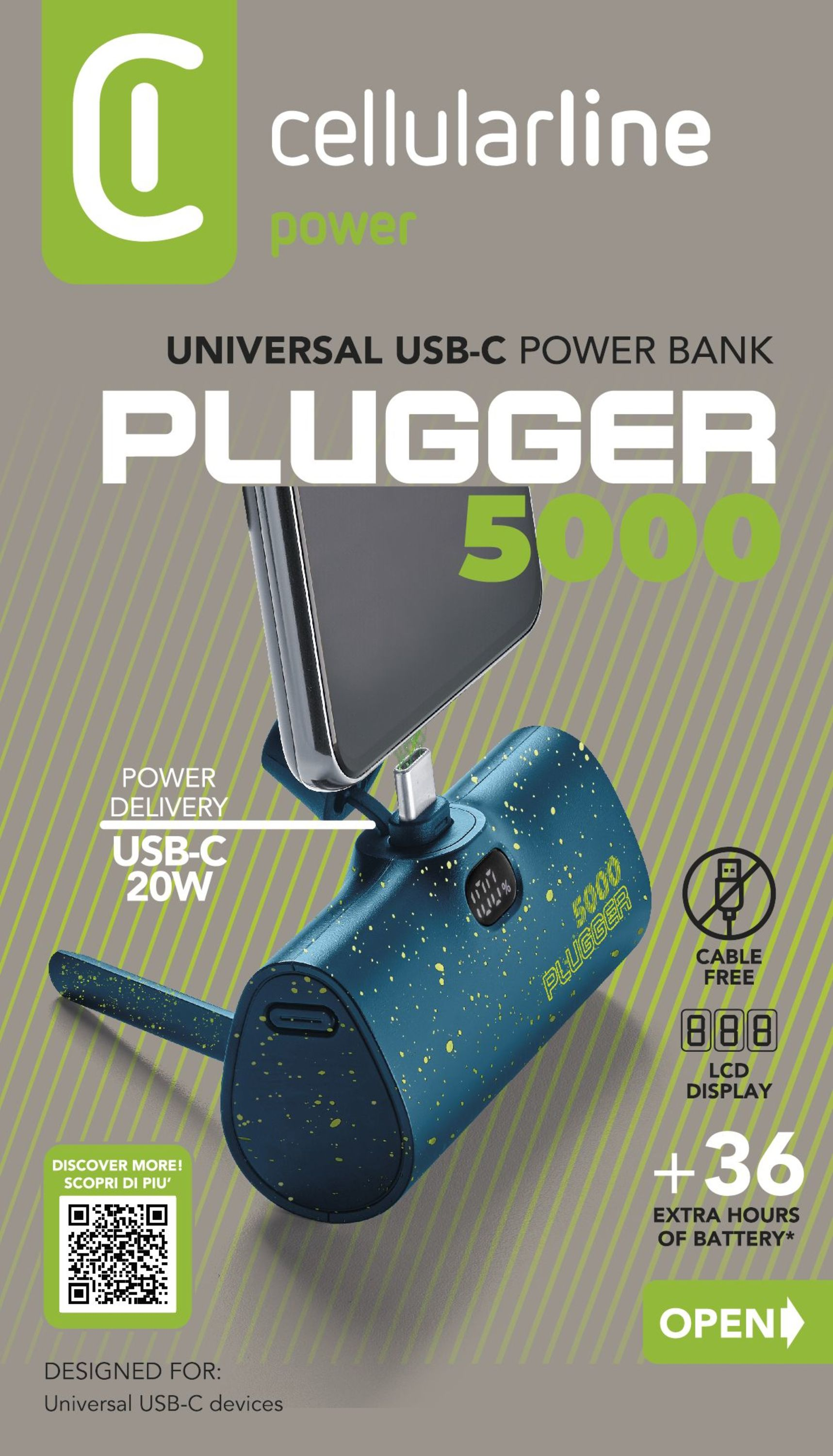 Batería externa azul y turquesa con teléfono enchufado. Cable USB-C y pantalla LCD visibles.