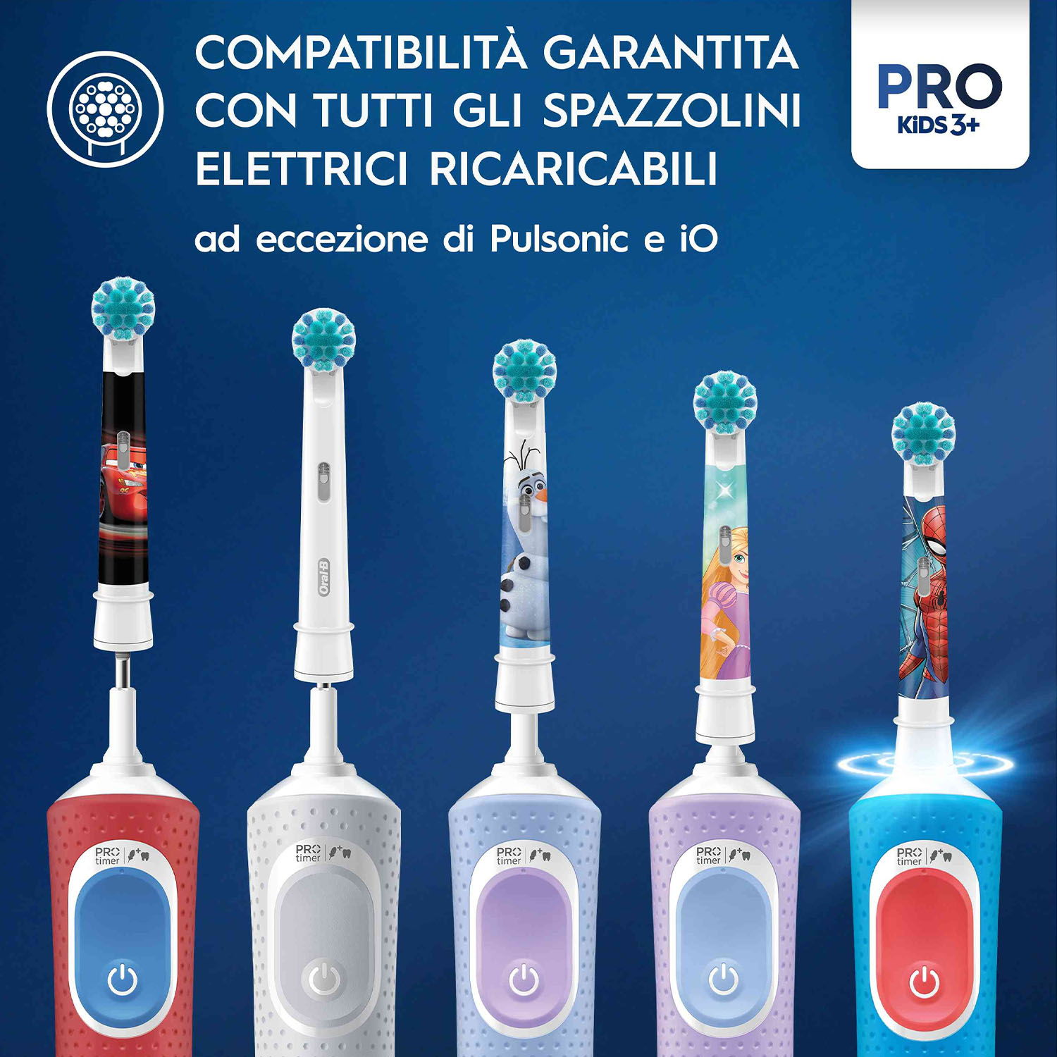 Cinque testine per spazzolino elettrico, ognuna con un design diverso, sono esposte su sfondo blu.