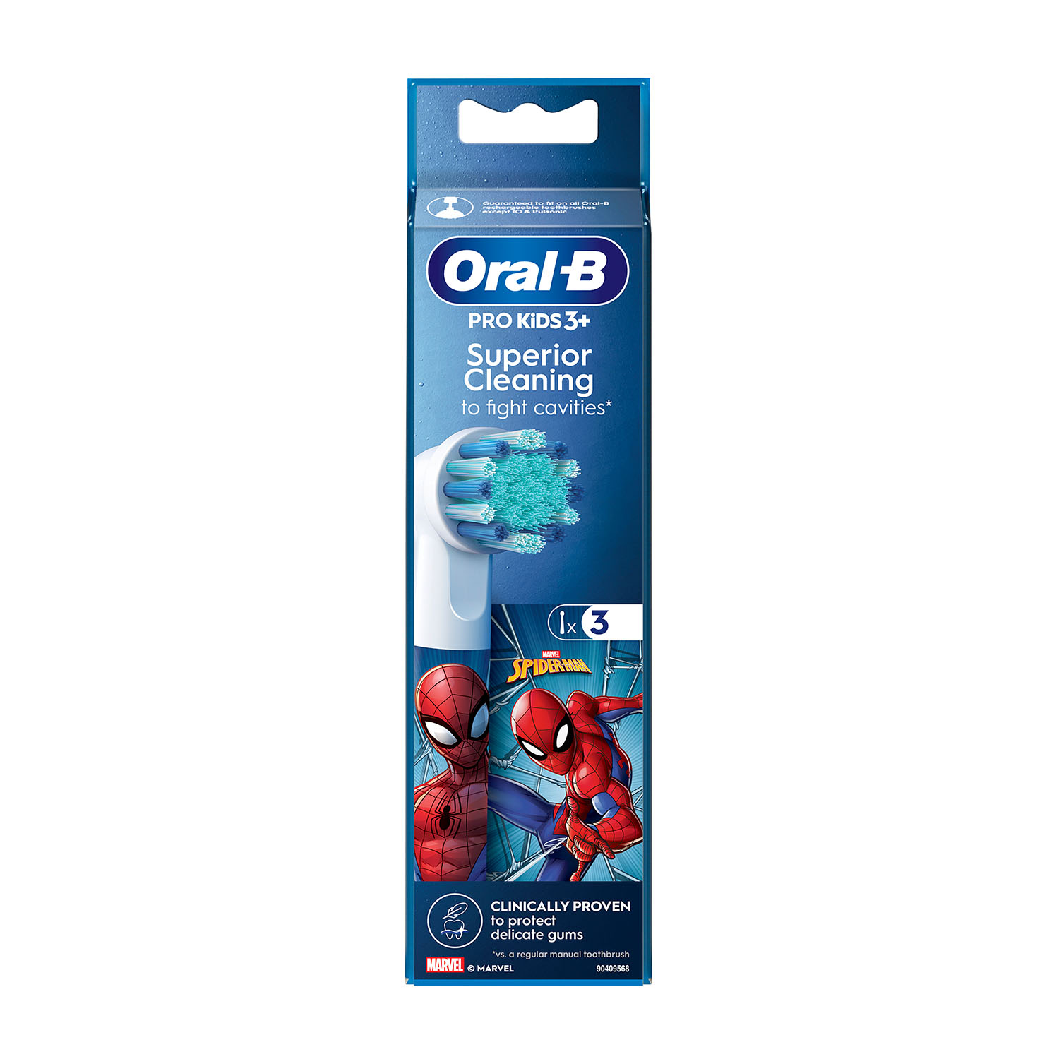 Testina spazzolino Oral-B in confezione. Con grafica di Spider-Man e testo contro le carie.