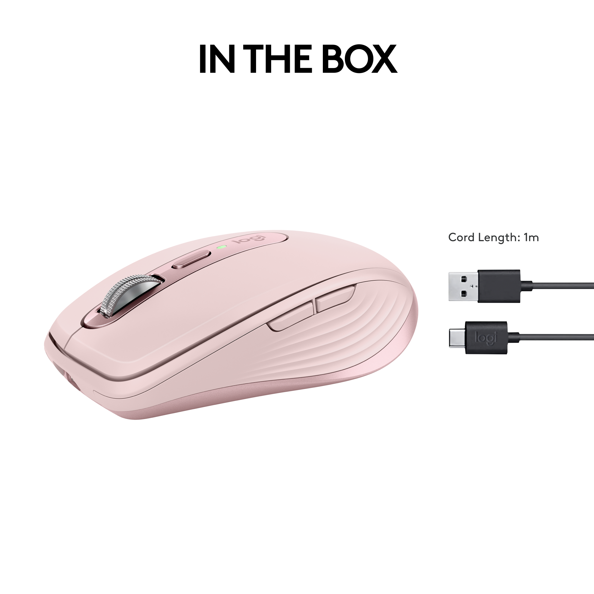 Souris Logitech rose et deux câbles de chargement, fond blanc, superposition de texte.