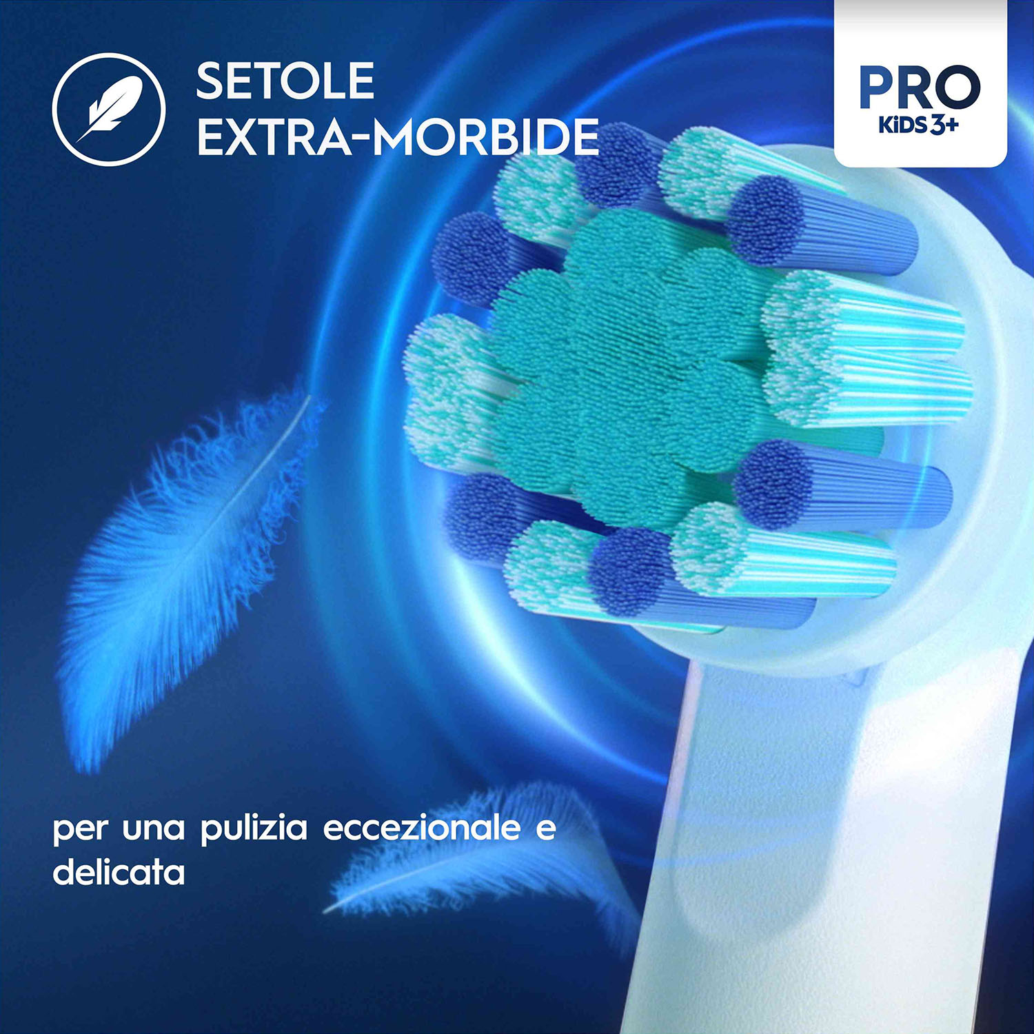 Testina dello spazzolino bianca e blu con setole morbide e testo.