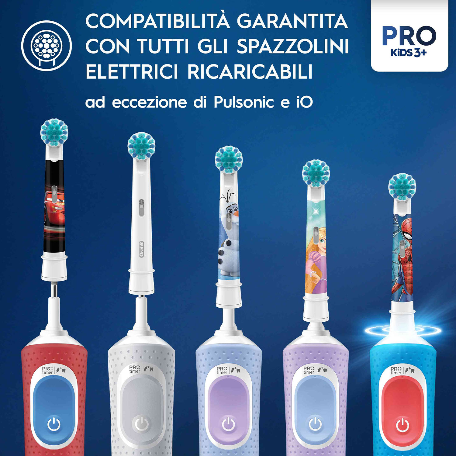 Testine di spazzolini di vari colori e design sopra i manici degli spazzolini.