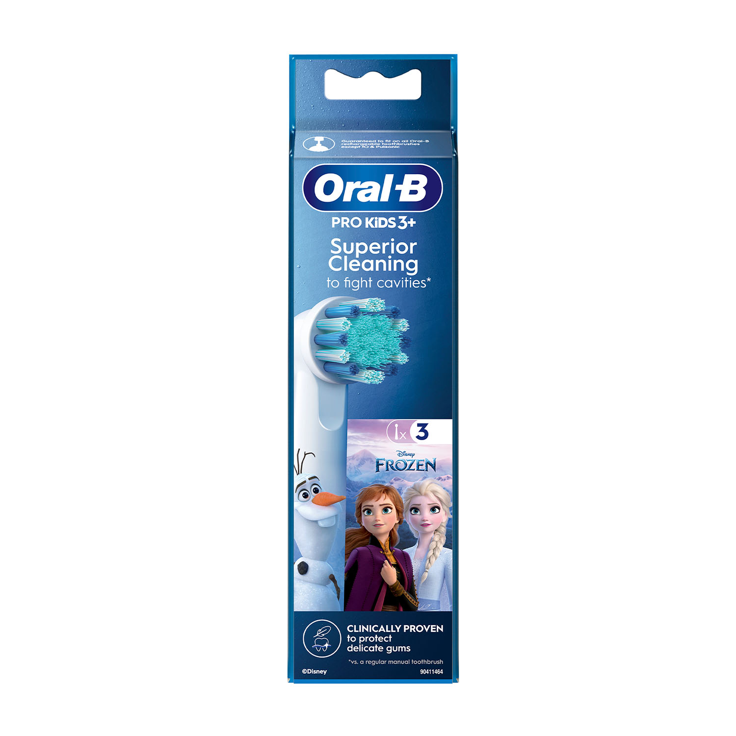 Testine spazzolino Oral-B Pro Kids, confezione a tema Frozen, con immagini di Olaf ed Elsa.