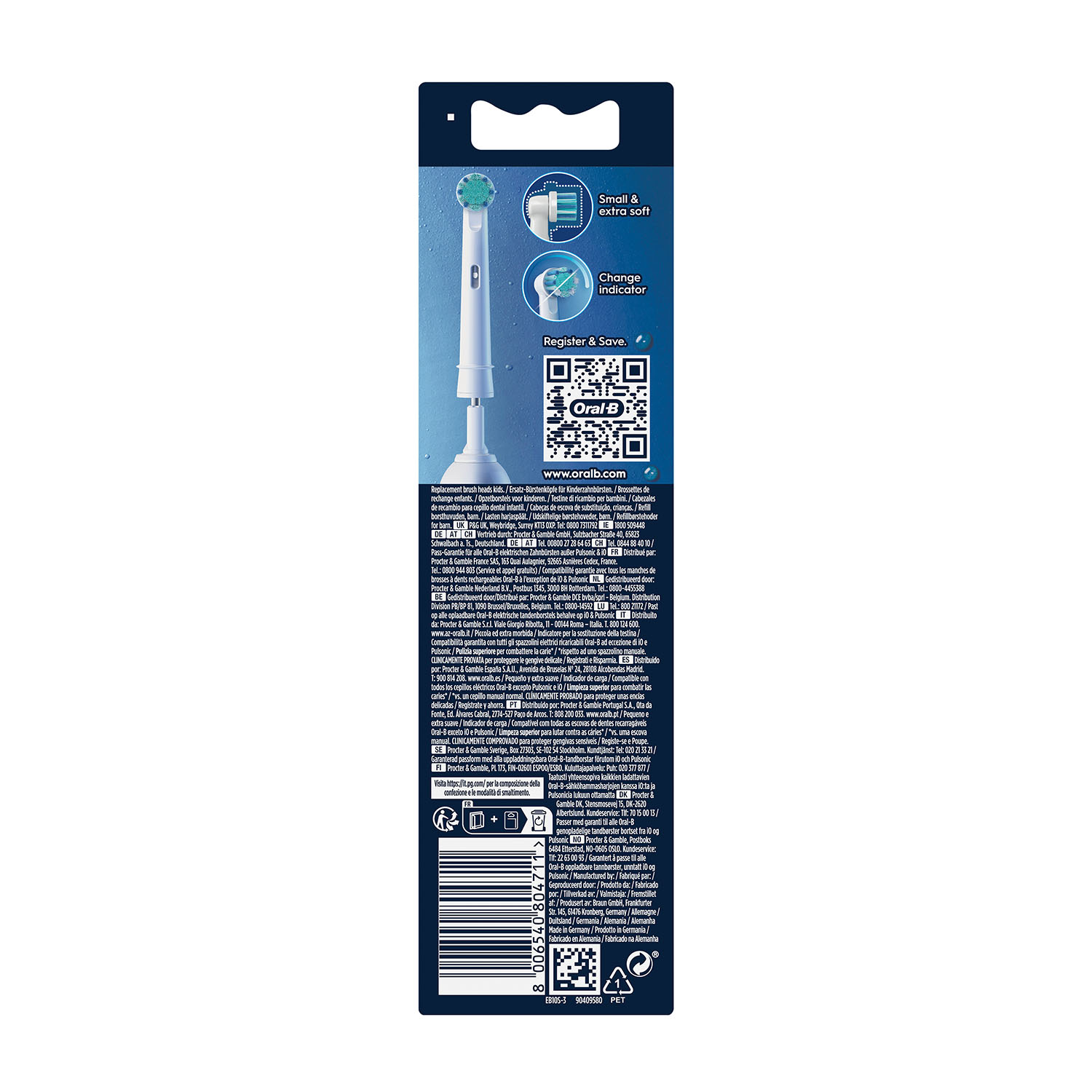Confezione testine spazzolino Oral-B, con dettagli e codice QR.