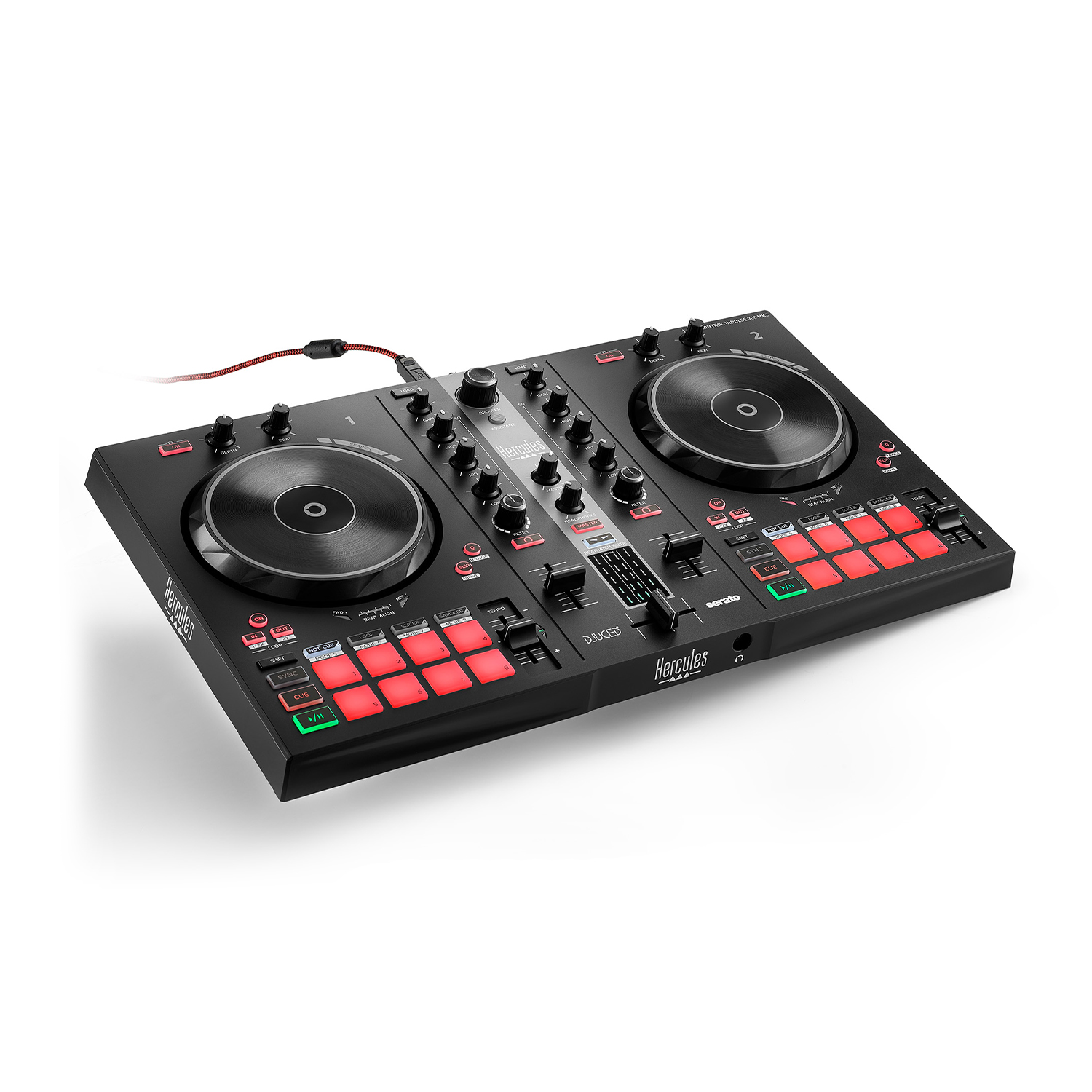 Controller DJ con due giradischi, un mixer e vari pulsanti, su una superficie bianca.