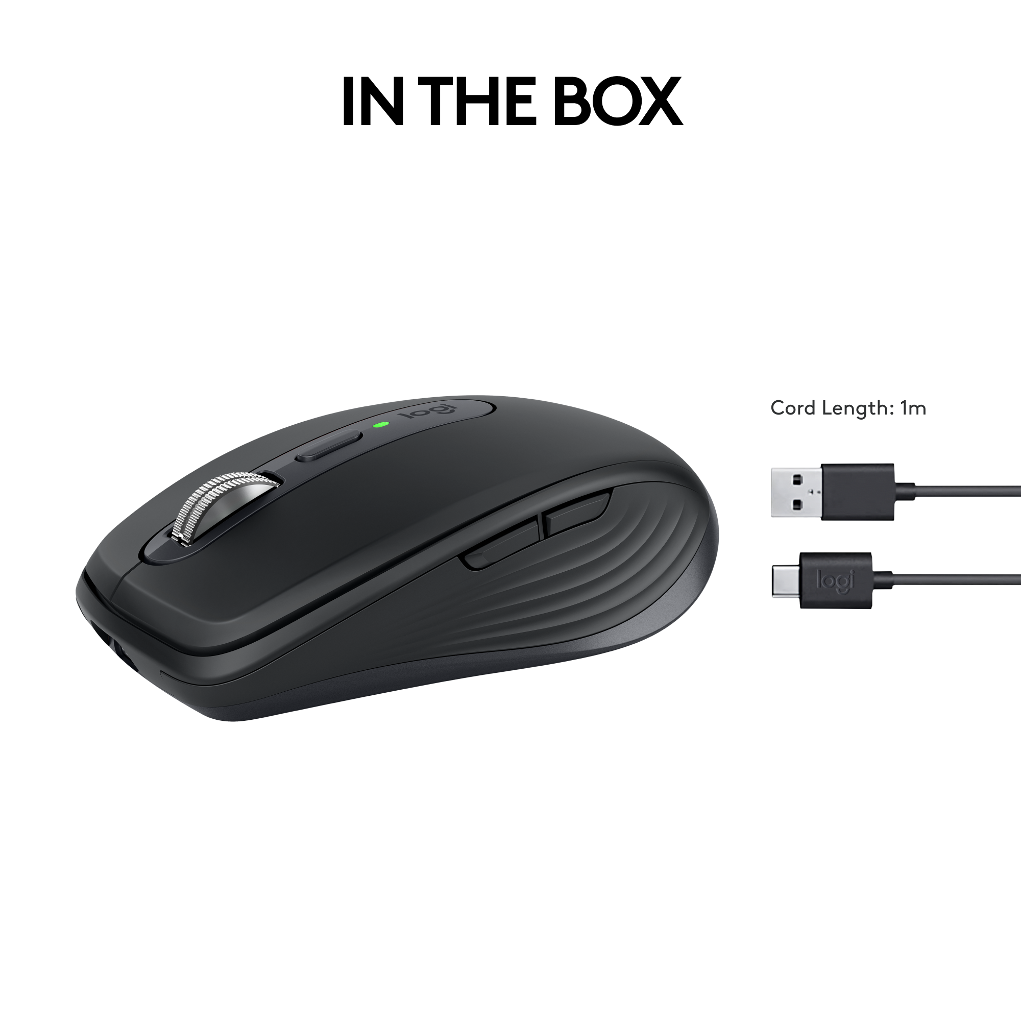 Eine schwarze Computermaus mit zwei USB-Kabeln auf weißem Hintergrund. Text lautet 'IN THE BOX'.